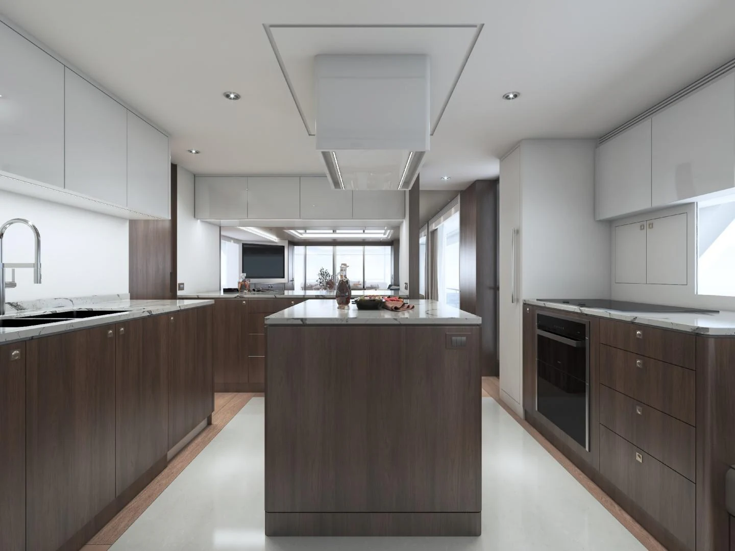 a large kitchen with a large island aboard FD100 906 Yacht for Sale