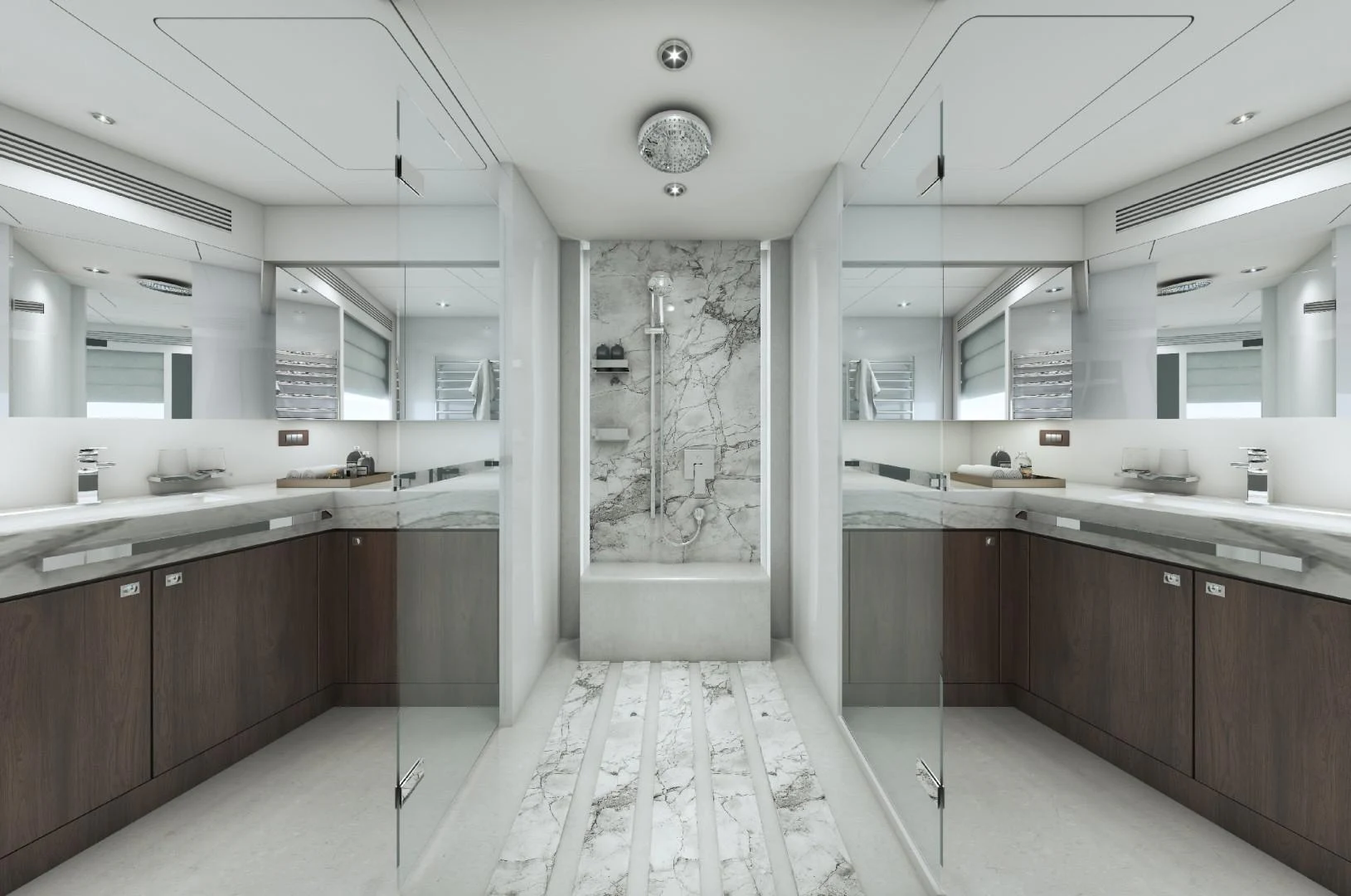 a large bathroom with white tiles aboard FD100 906 Yacht for Sale