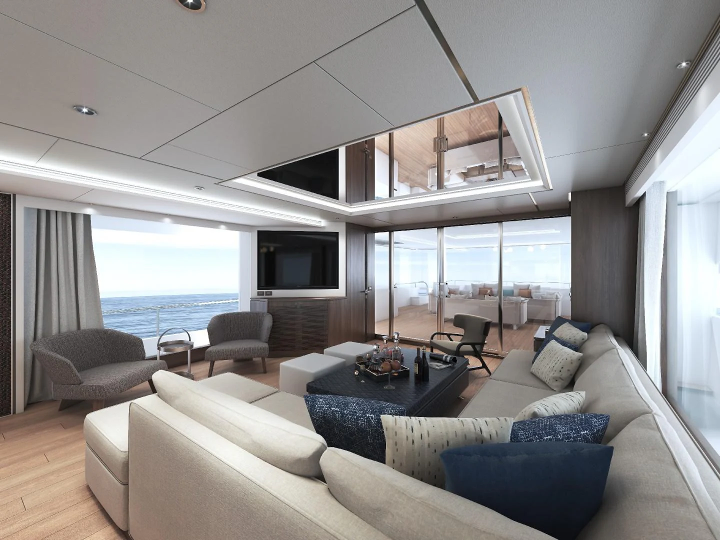 a living room with a large window aboard FD100 906 Yacht for Sale