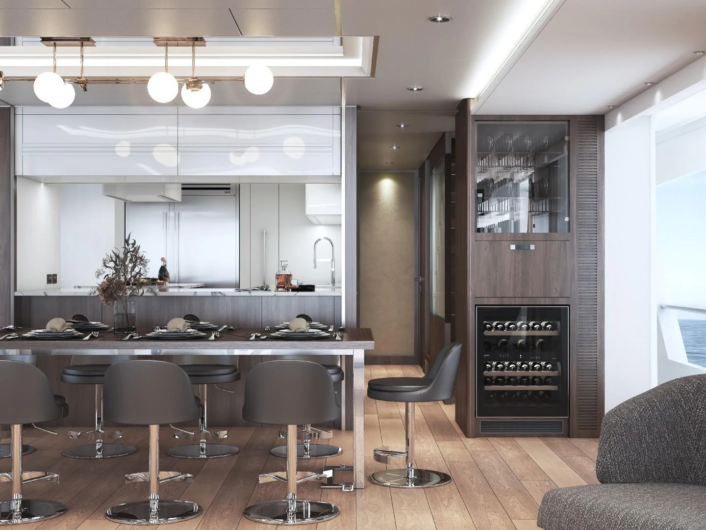 a kitchen with a bar and stools aboard FD100 906 Yacht for Sale