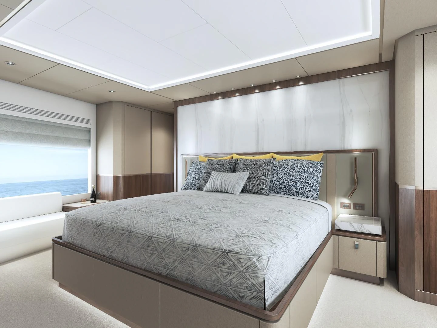 a bed with a white bed spread aboard FD100 906 Yacht for Sale