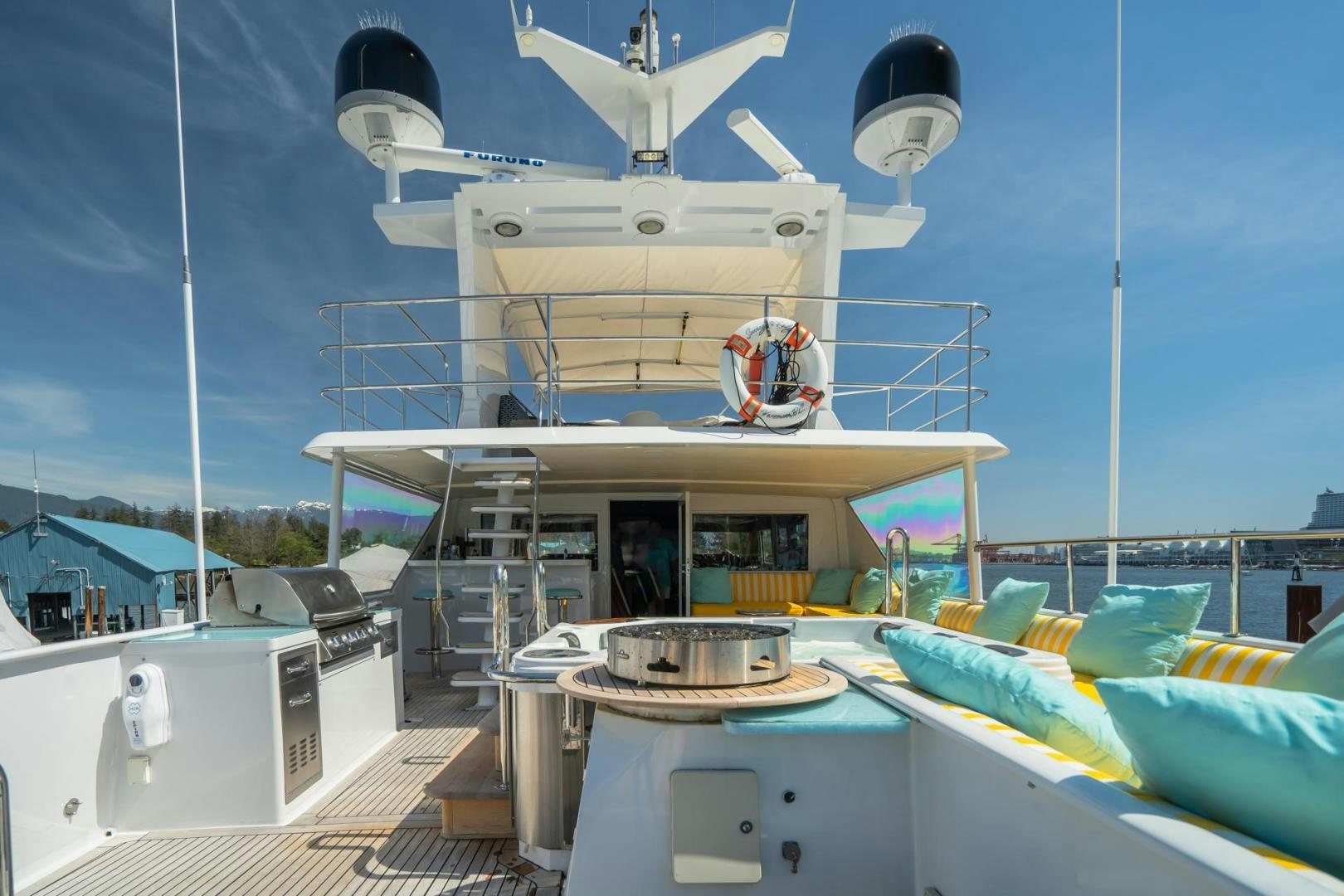 a boat with a satellite dish on the deck aboard SOVEREIGN LADY Yacht for Sale