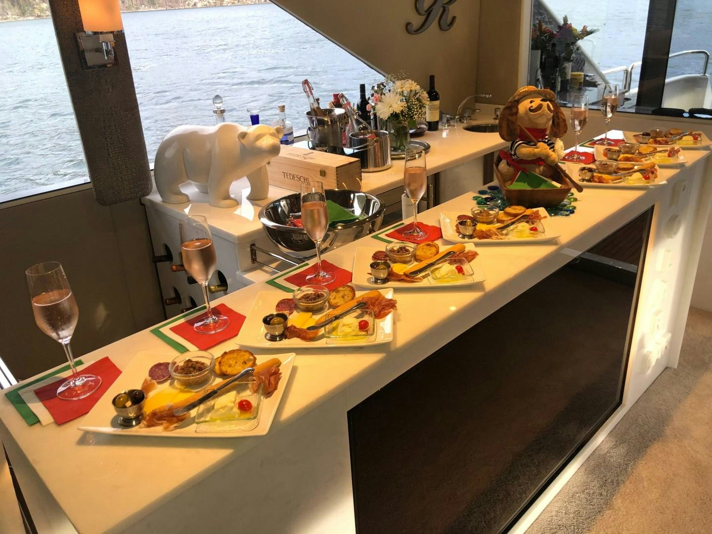 a table with food on it aboard SOVEREIGN LADY Yacht for Sale