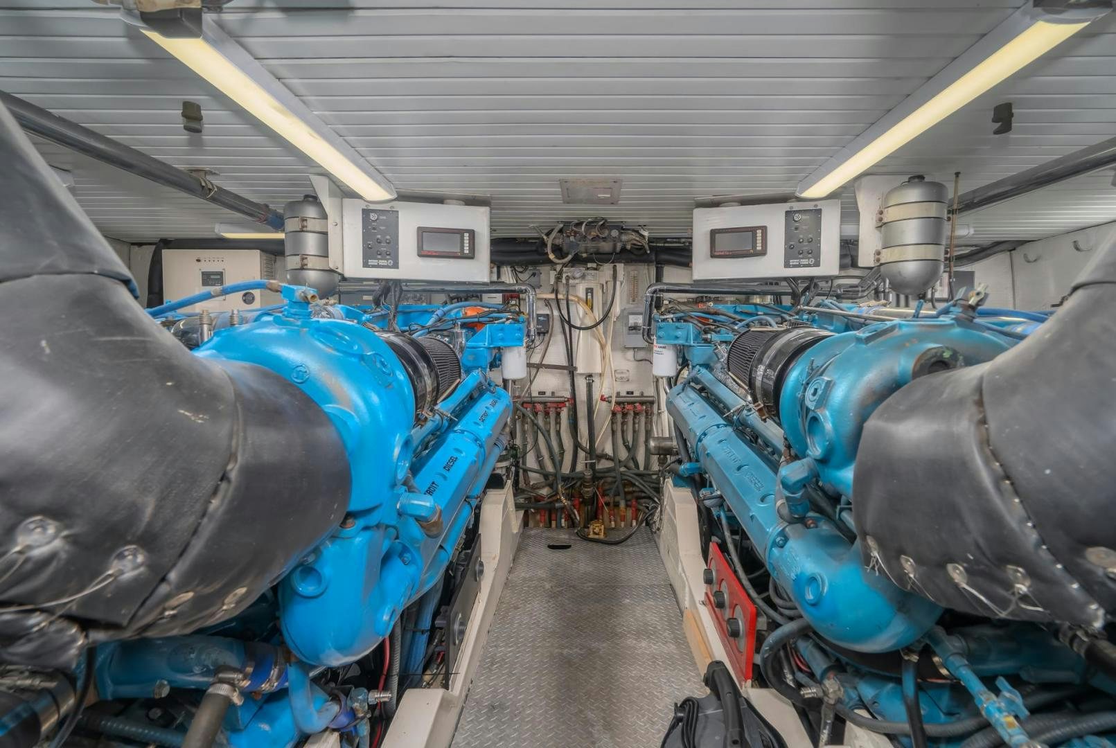 a room full of blue and white machinery aboard SOVEREIGN LADY Yacht for Sale
