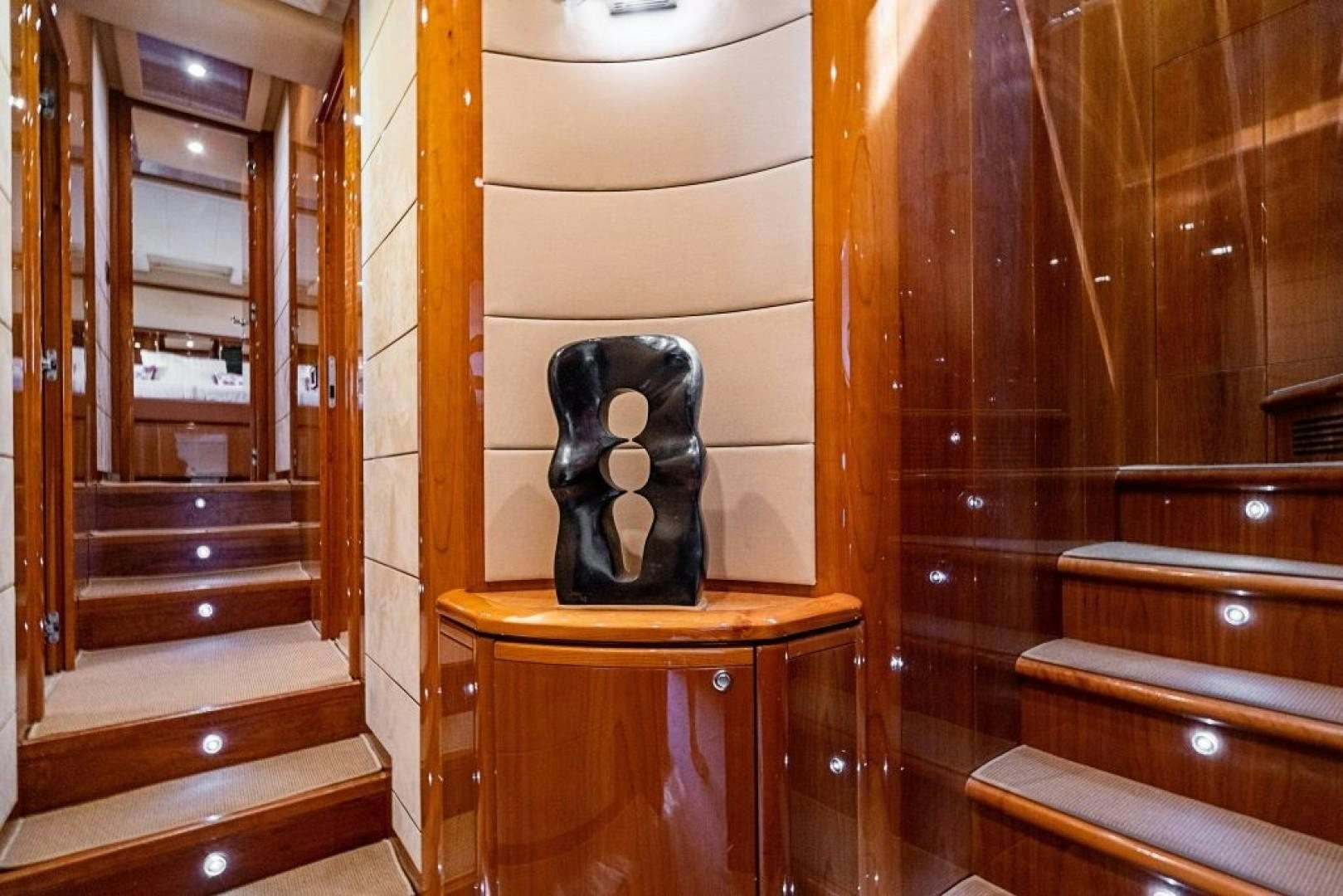 a pair of black boots on a wooden stool aboard CINQUE MARE Yacht for Sale