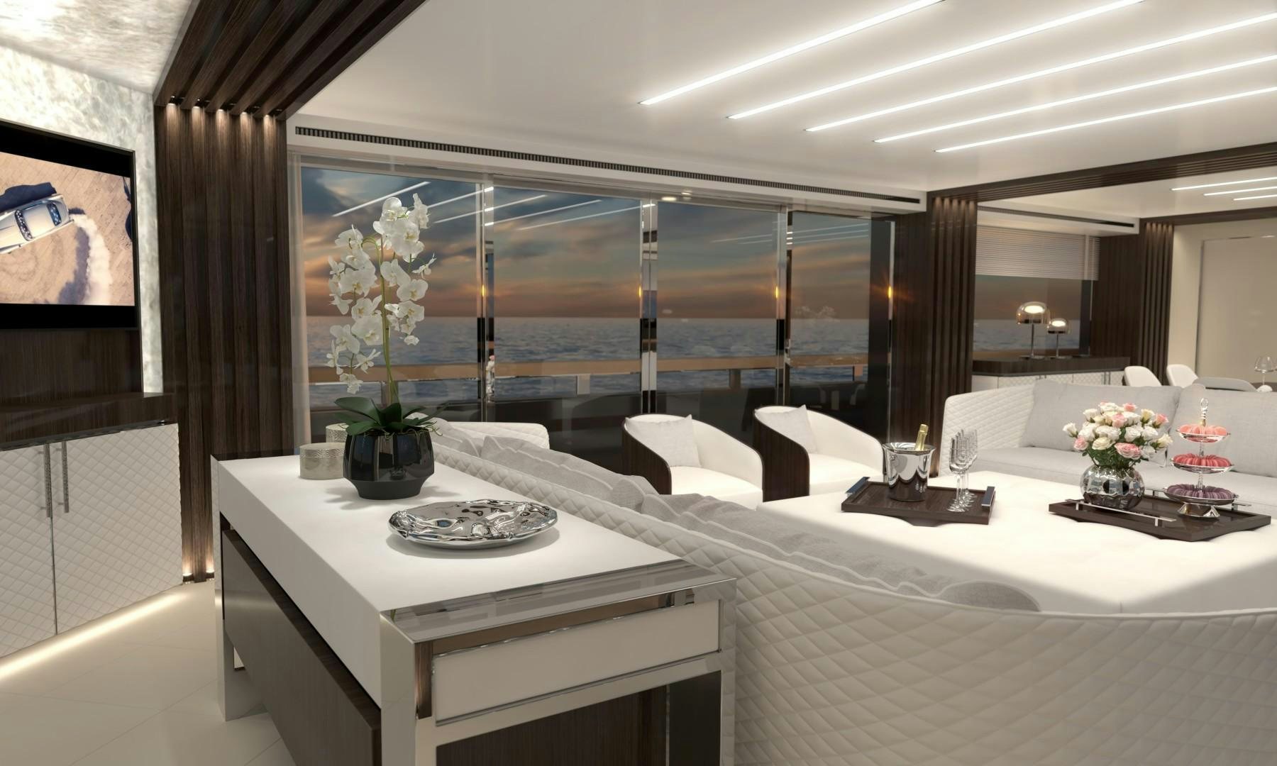 a room with a bed and a table with a plate on it aboard LEGACY SUPERYACHT Yacht for Sale