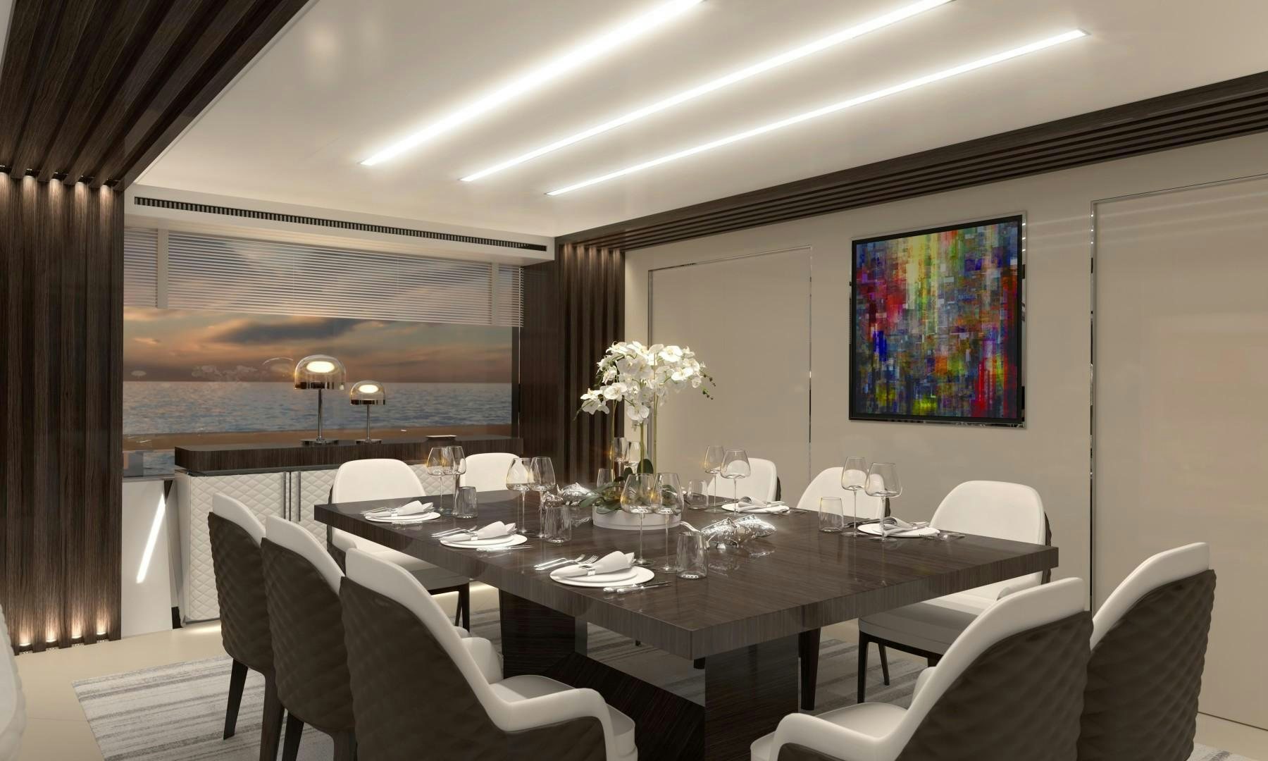 a dining room with white chairs and a large window aboard LEGACY SUPERYACHT Yacht for Sale