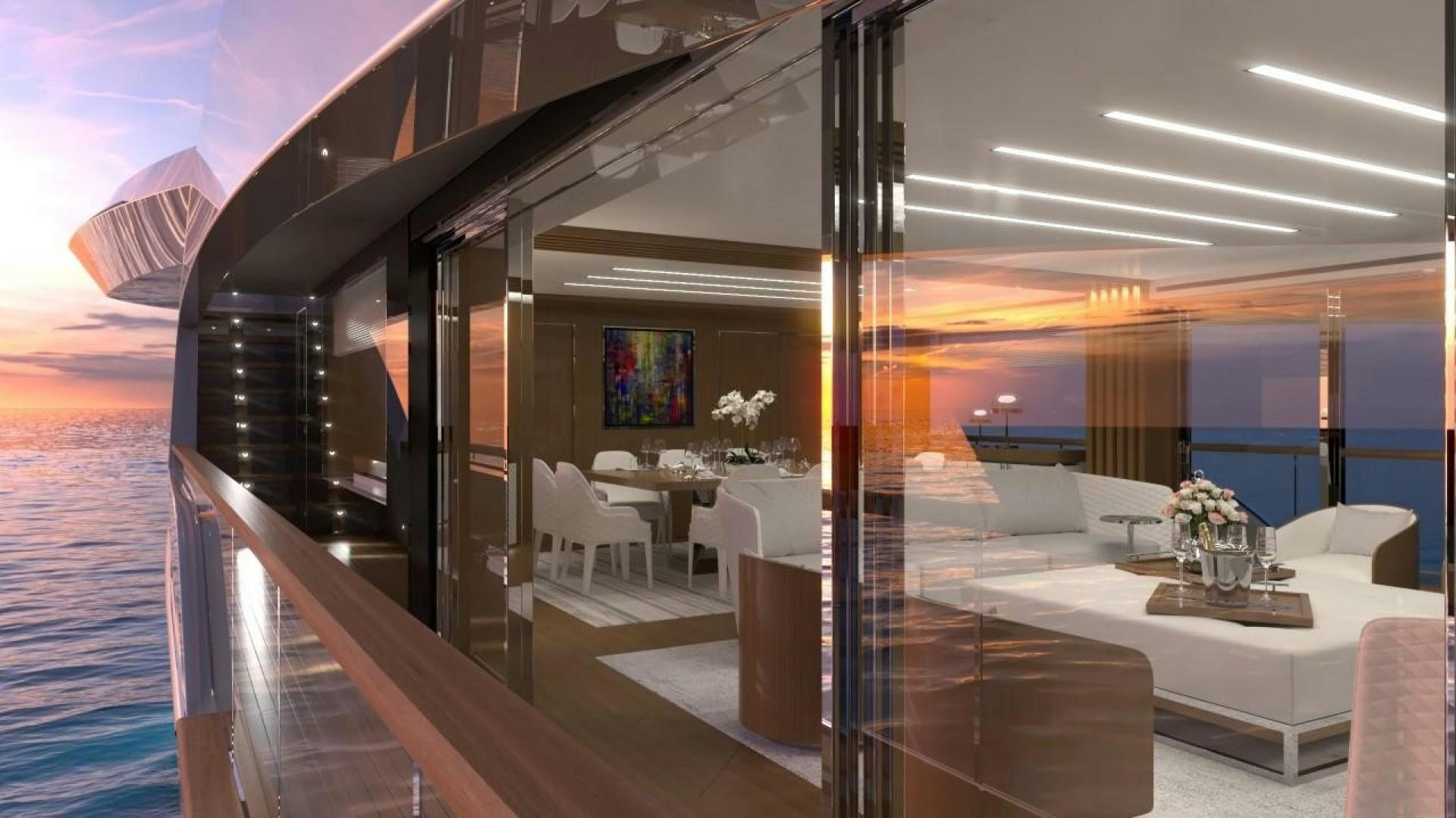a room with a large table and chairs aboard LEGACY SUPERYACHT Yacht for Sale