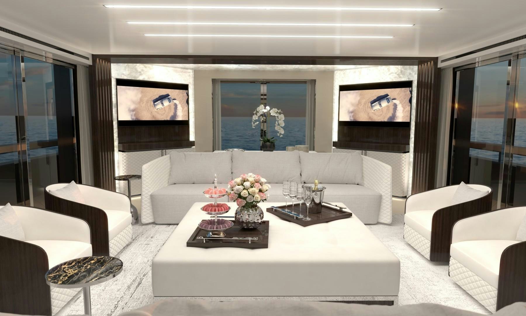 a living room with a large white table and chairs aboard LEGACY SUPERYACHT Yacht for Sale