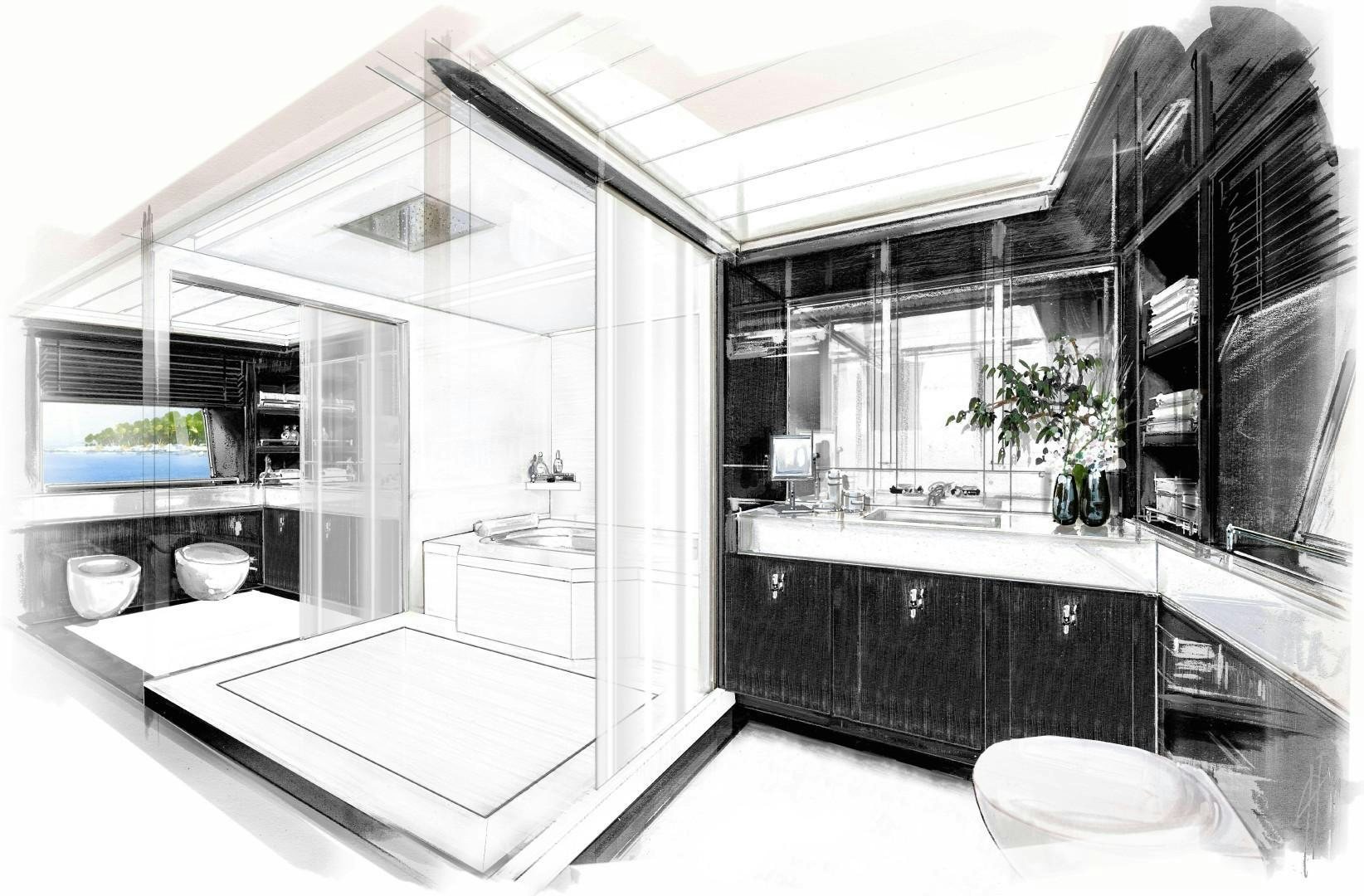 a kitchen with a large island aboard LEGACY SUPERYACHT Yacht for Sale