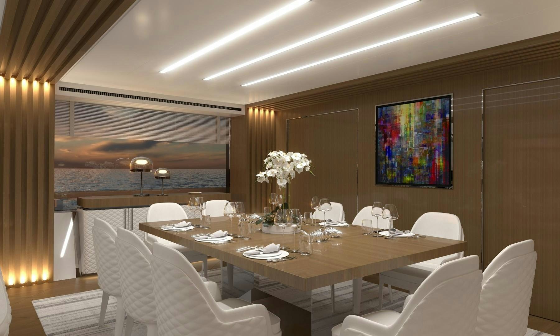 a room with a table chairs and a painting on the wall aboard LEGACY SUPERYACHT Yacht for Sale