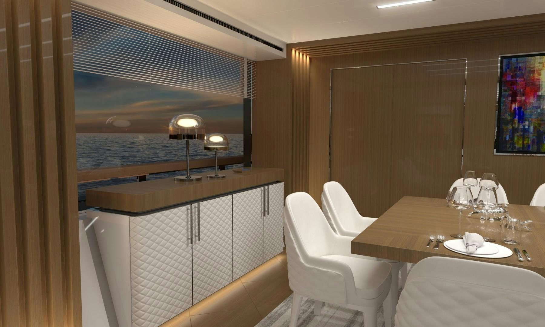 a room with a table and chairs aboard LEGACY SUPERYACHT Yacht for Sale