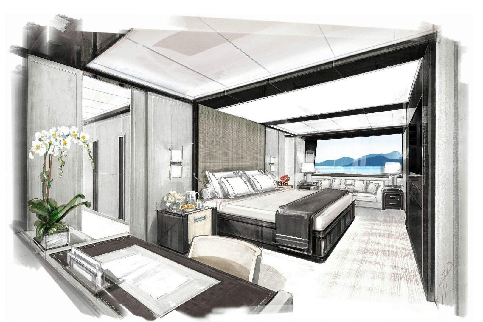 a room with a bed and a table aboard LEGACY SUPERYACHT Yacht for Sale
