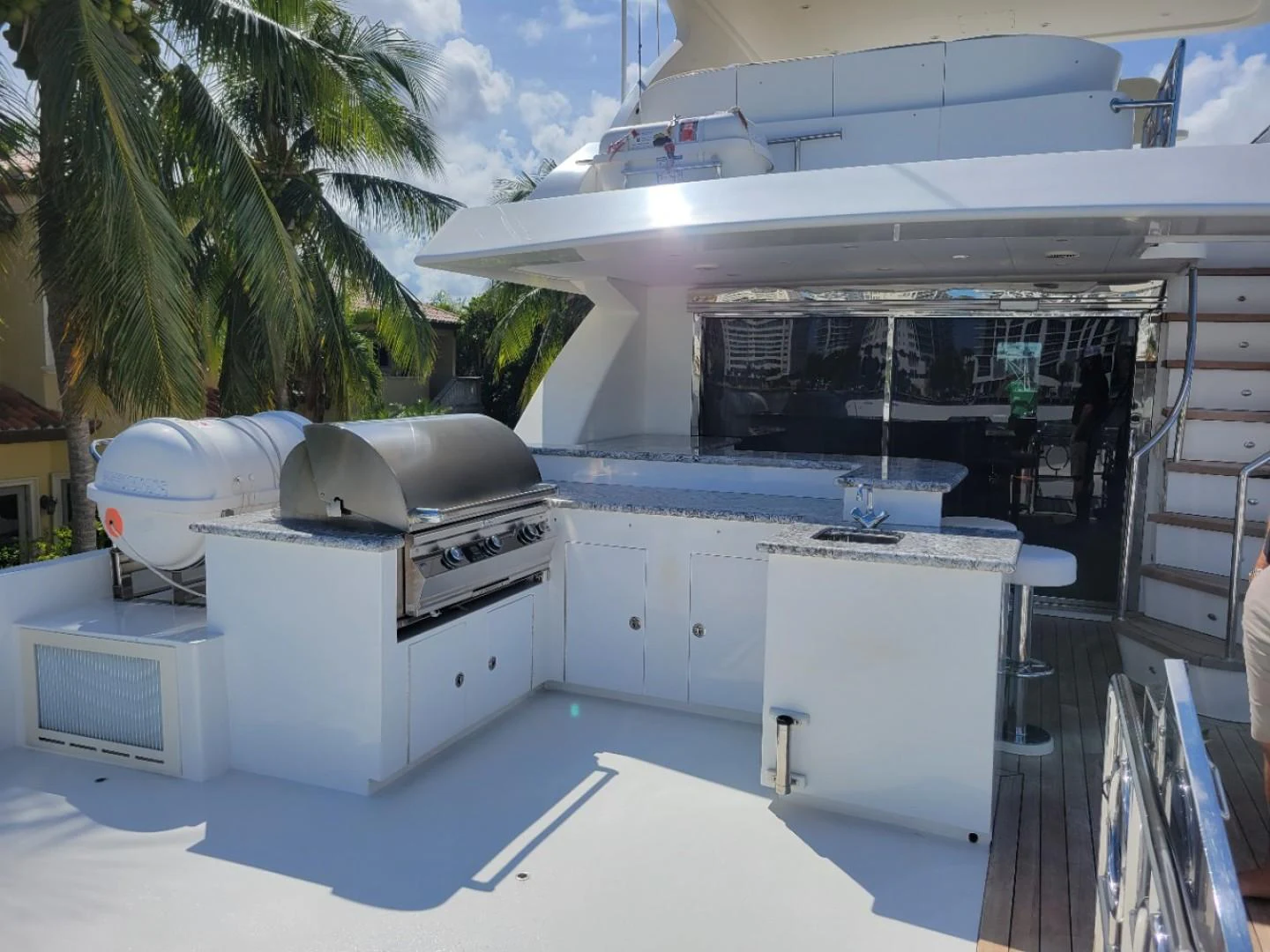 a building with a large white satellite dish on top of it aboard SANDRINE Yacht for Sale
