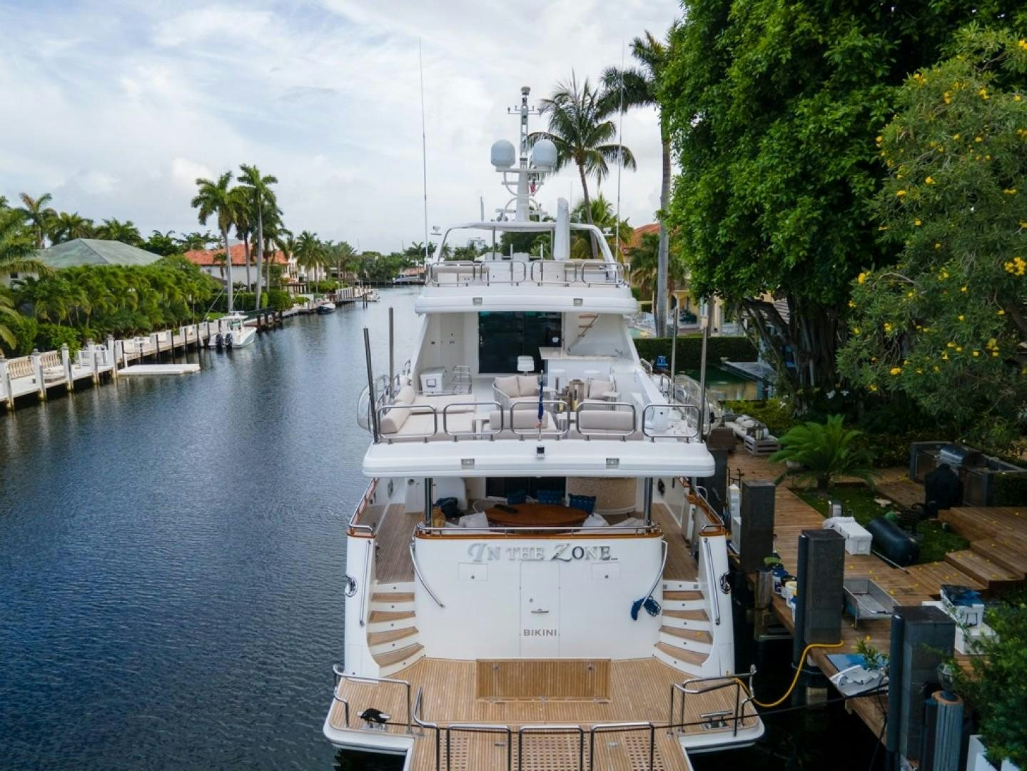a large white boat docked aboard IN THE ZONE Yacht for Sale