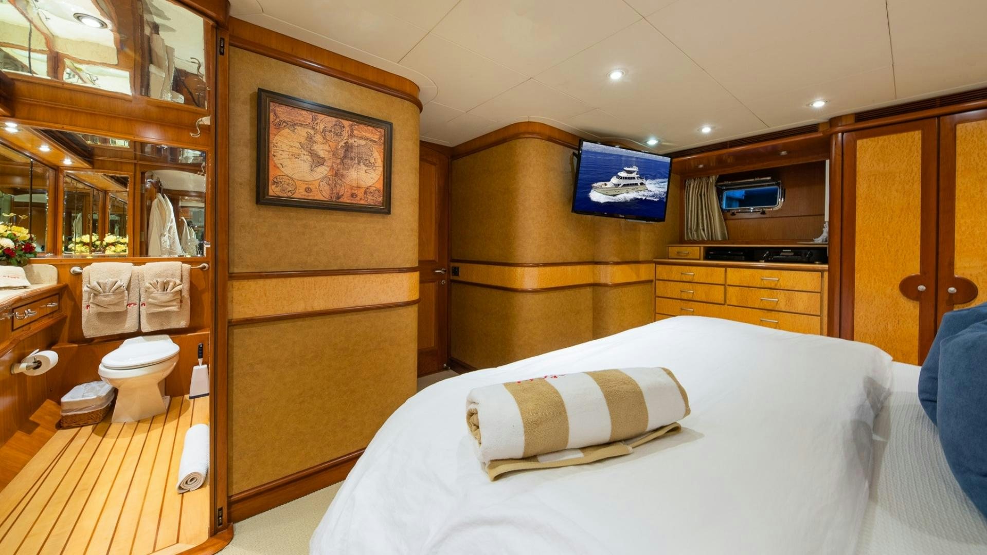 a bed in a room aboard MAGICAL DAYS Yacht for Sale