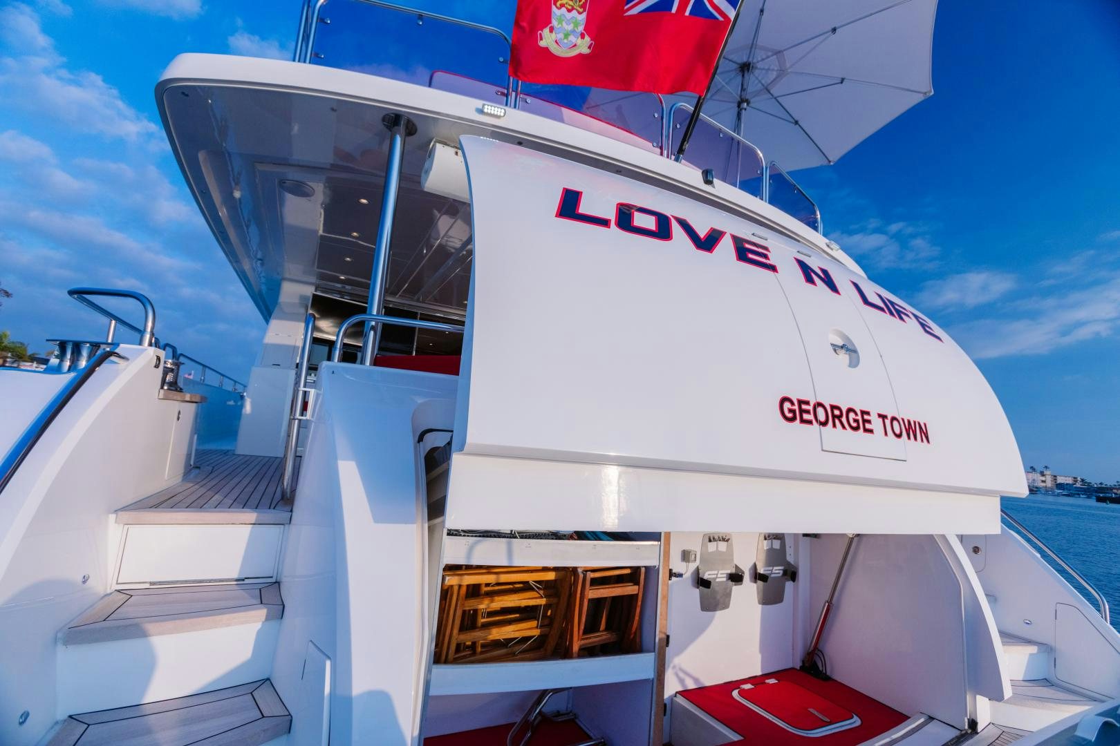 a large white boat with flags on it aboard LOVE N LIFE Yacht for Sale