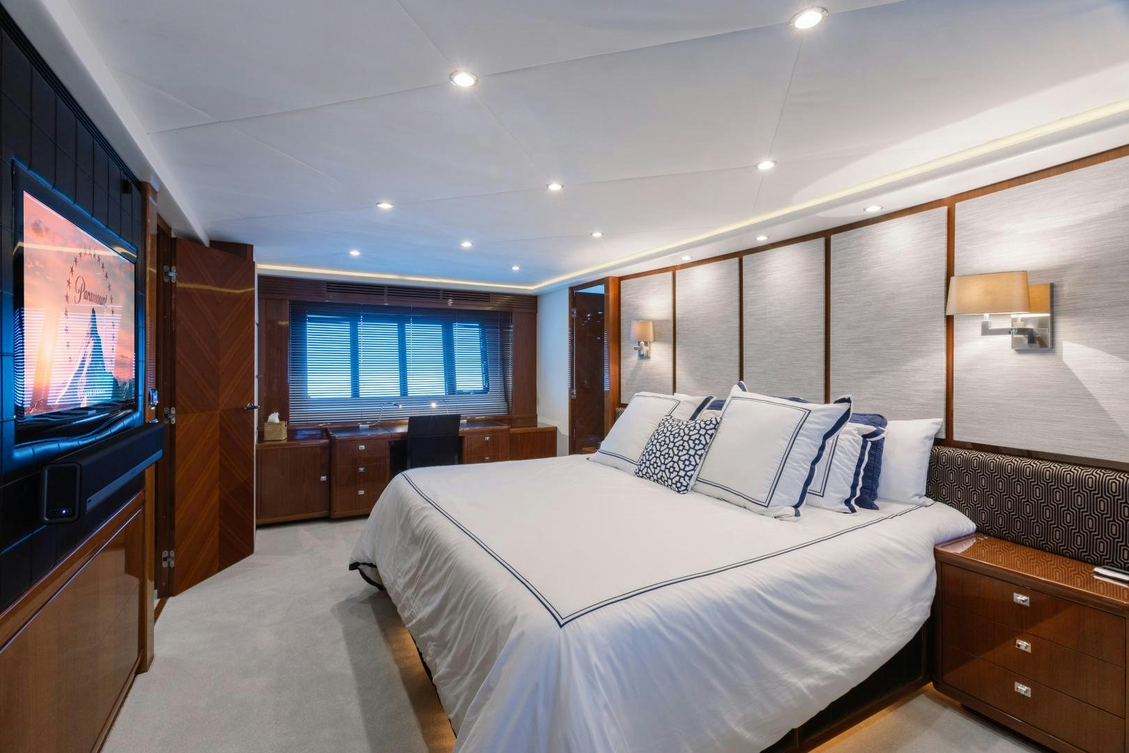 a bedroom with a large bed aboard LOVE N LIFE Yacht for Sale