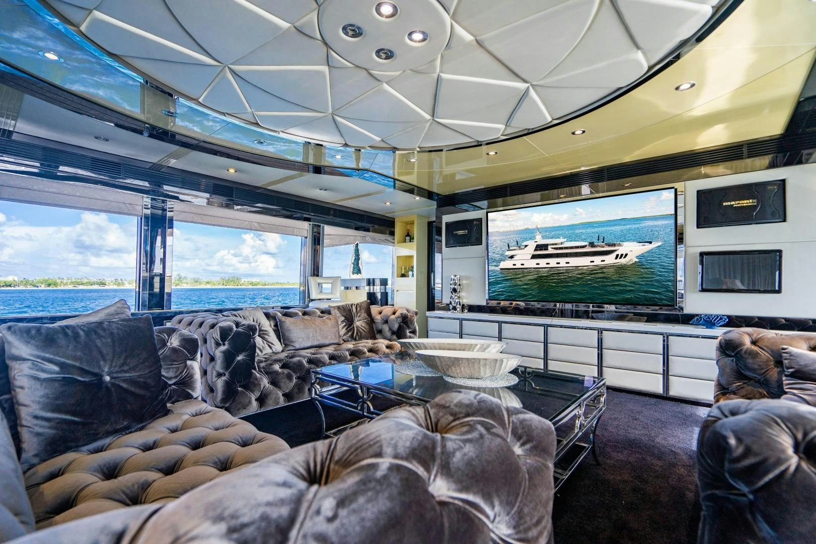 a room with a large screen aboard PRIVILEGE Yacht for Sale