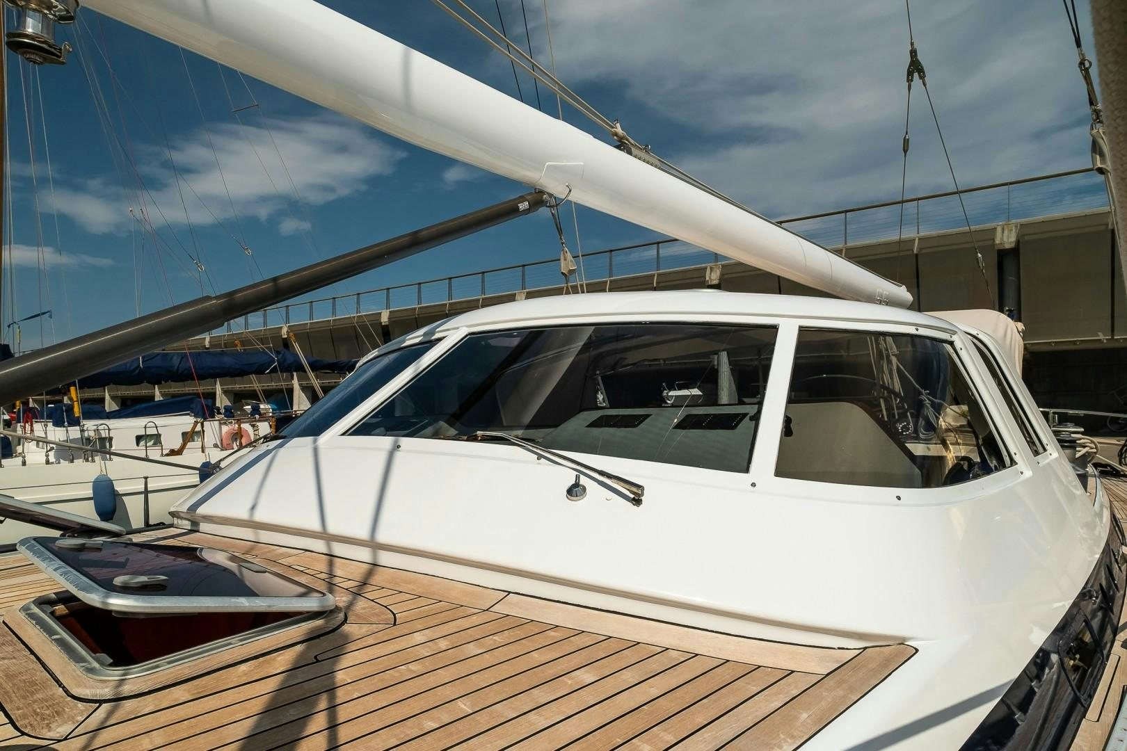 a boat parked in a harbor aboard ARQUIMEDES Yacht for Sale