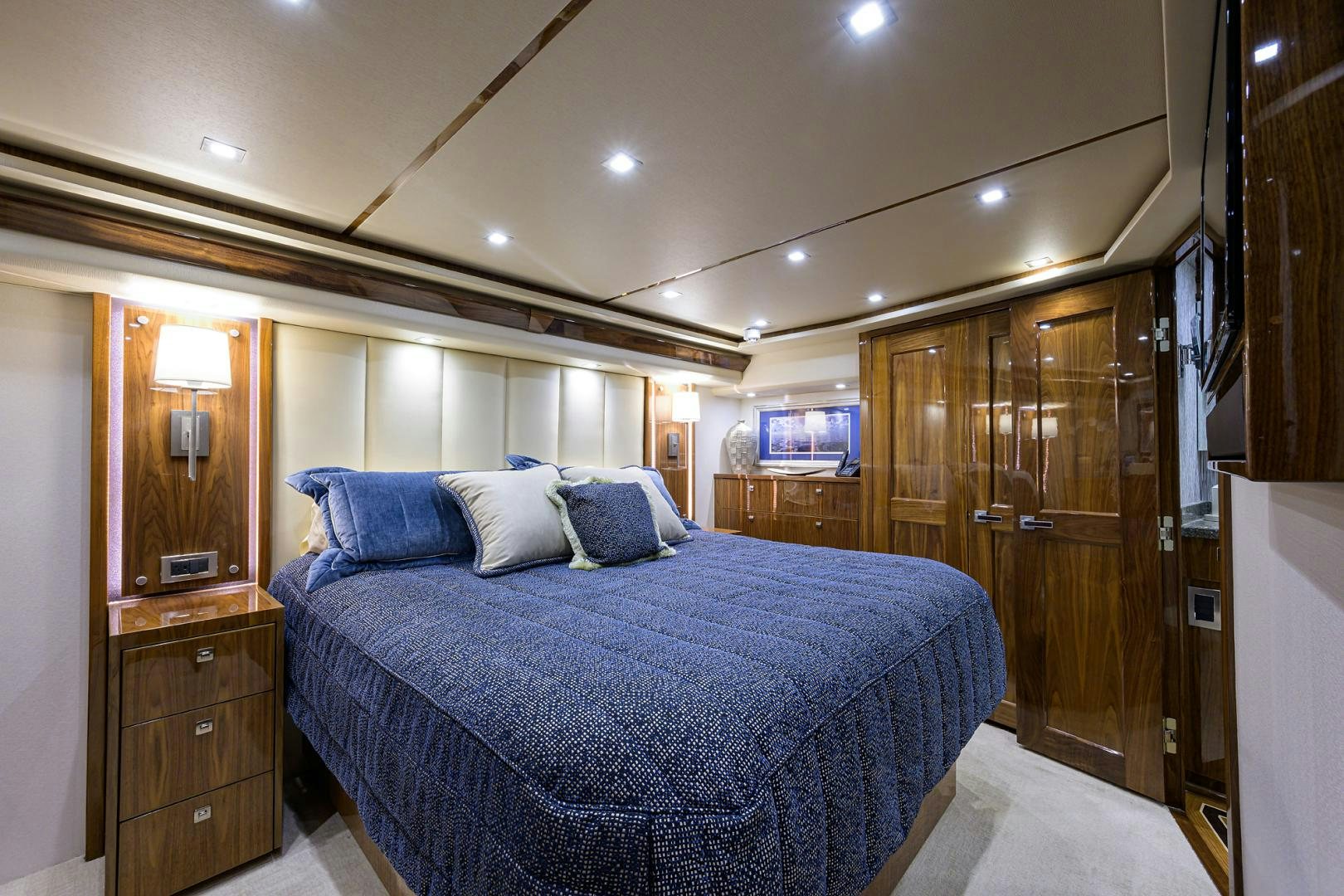 a bed in a room aboard Renegade Yacht for Sale