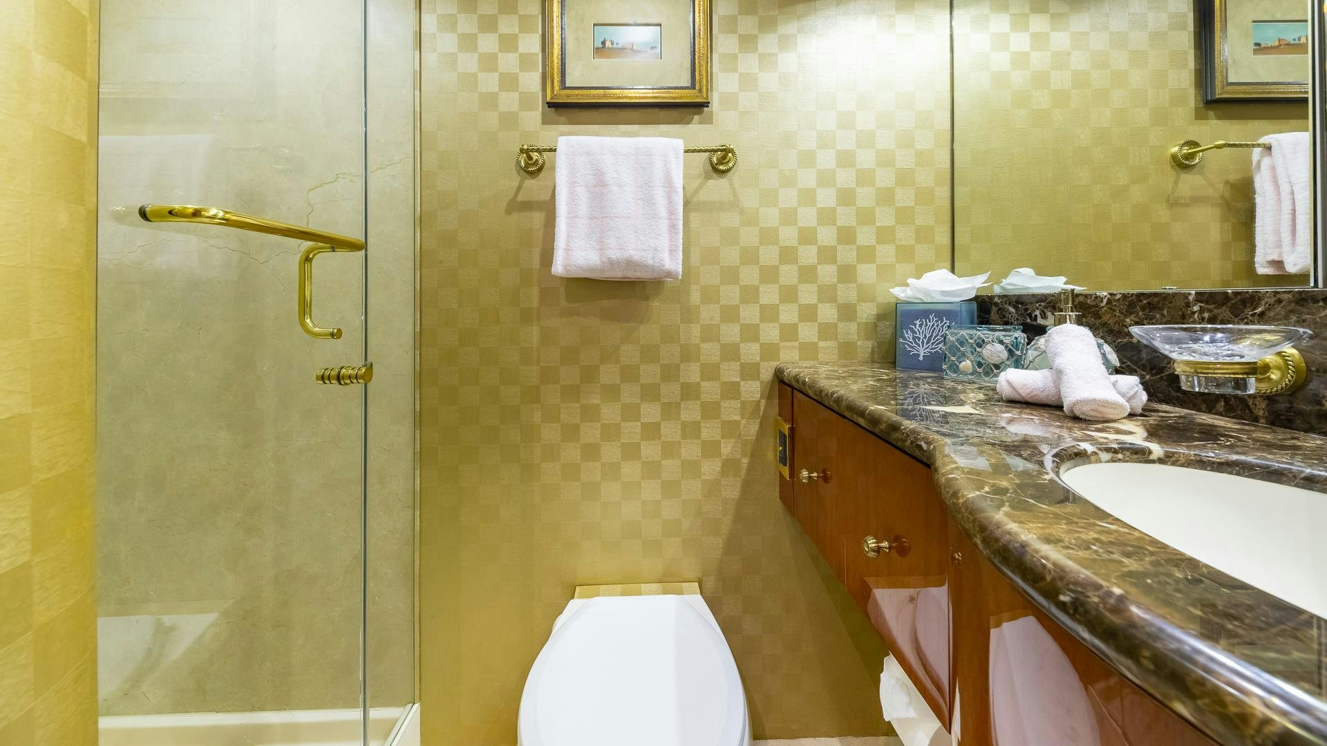 a bathroom with a countertop sink and a shower aboard HOPE FLOATS Yacht for Sale
