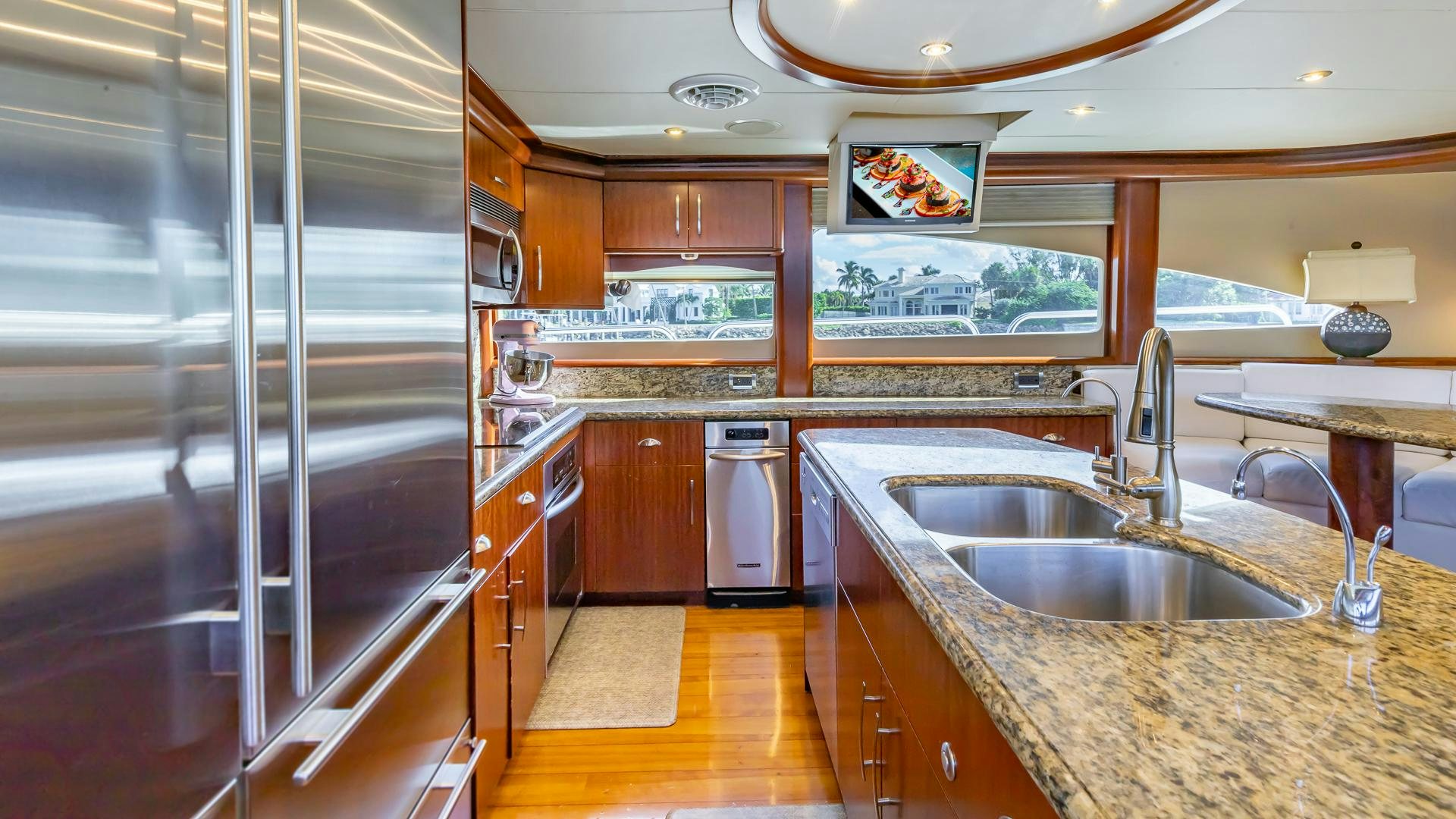 a kitchen with a stainless steel sink aboard HOPE FLOATS Yacht for Sale