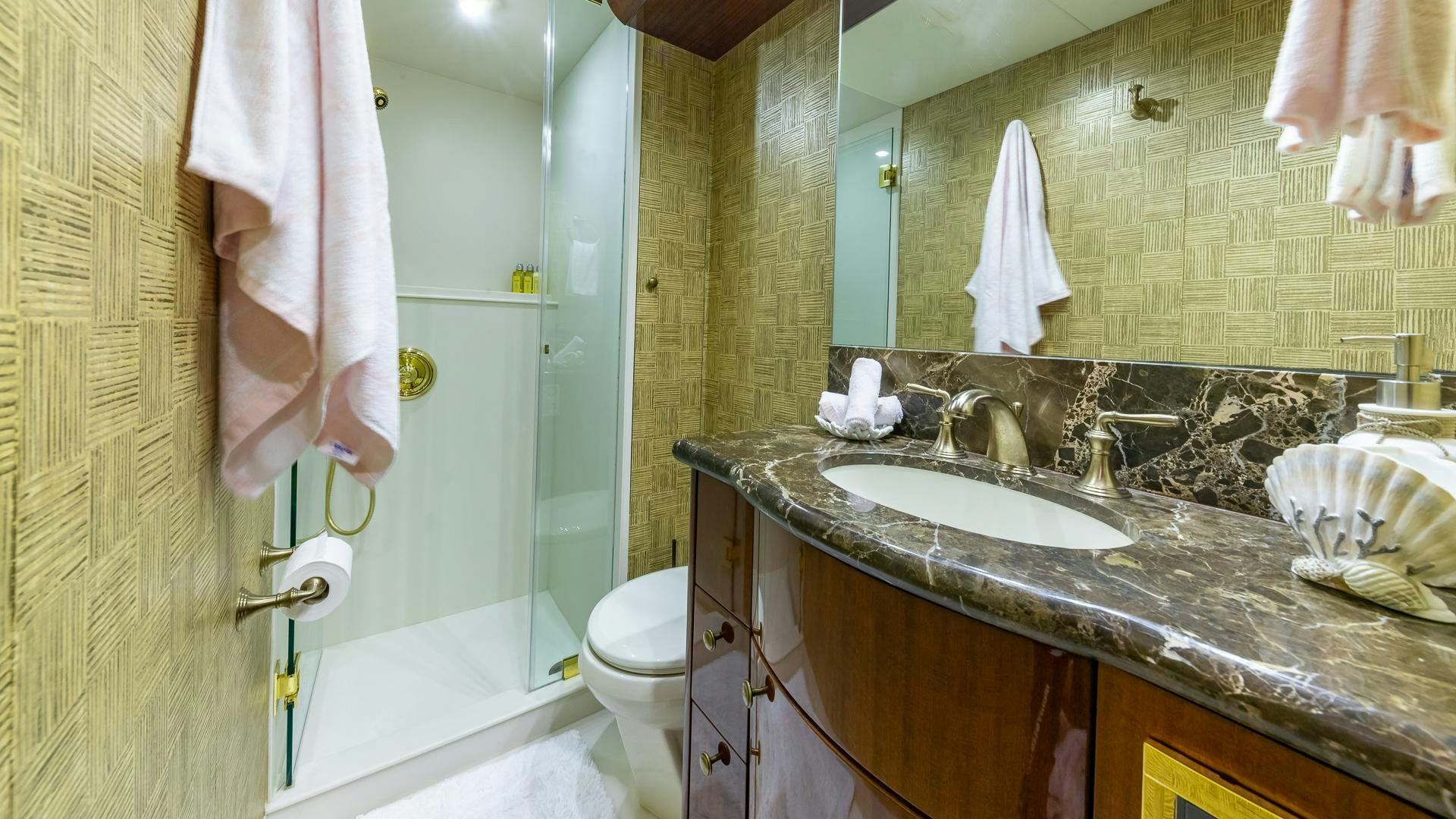 a bathroom with a sink and a toilet aboard HOPE FLOATS Yacht for Sale