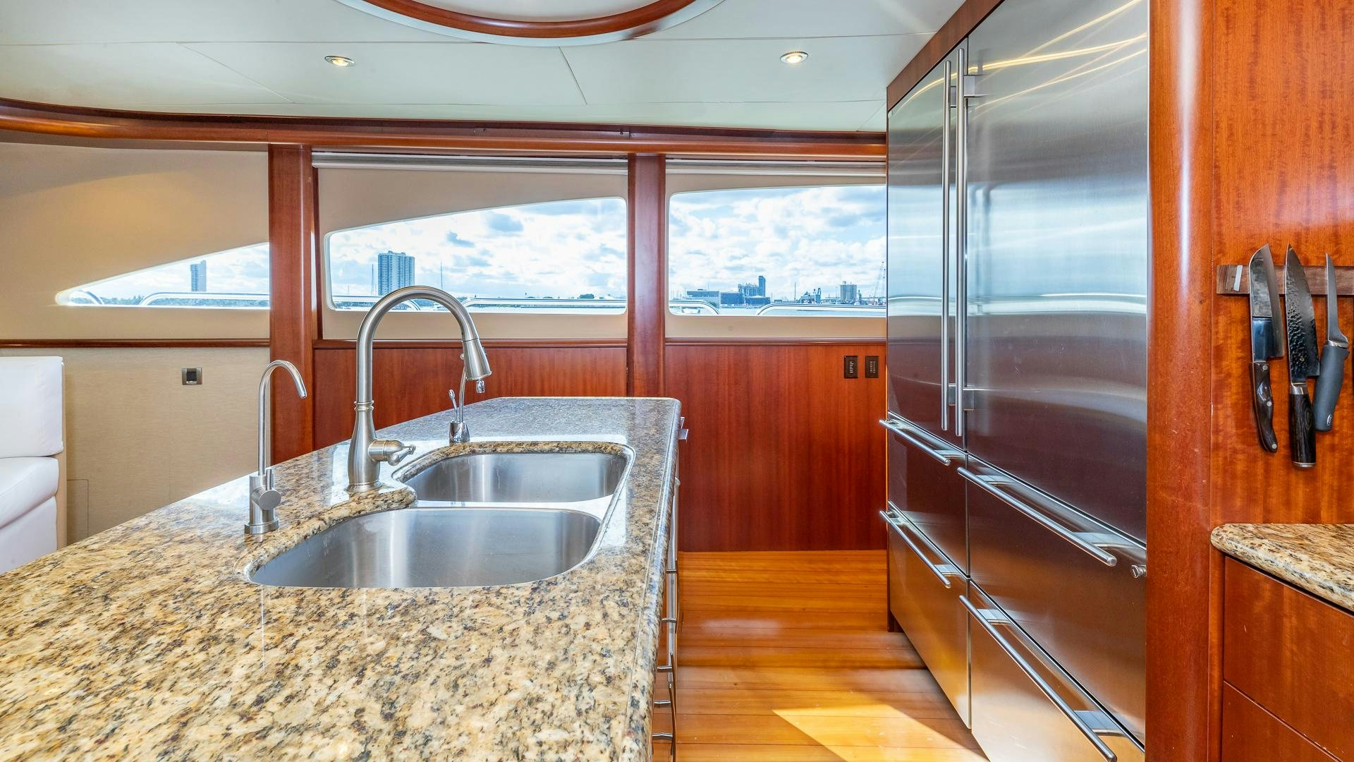 a kitchen with a stainless steel sink aboard HOPE FLOATS Yacht for Sale