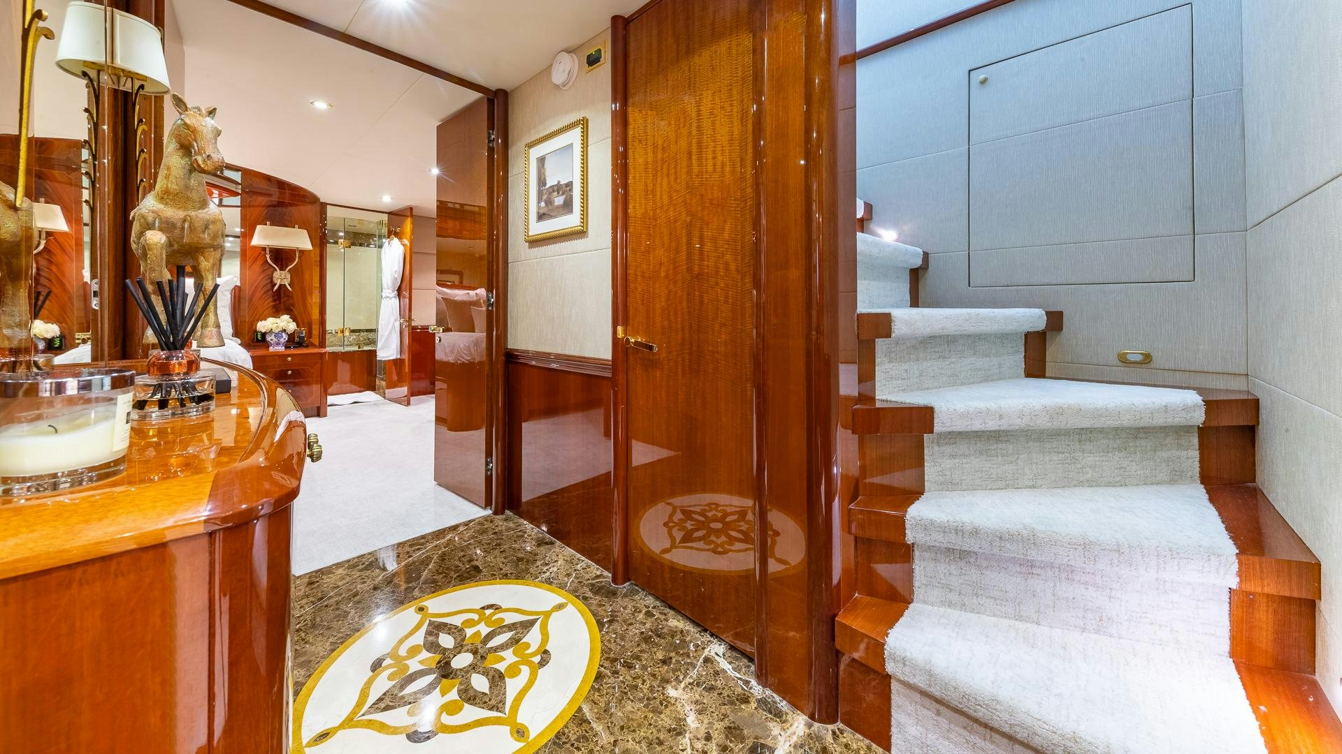 a bathroom with a large mirror aboard HOPE FLOATS Yacht for Sale