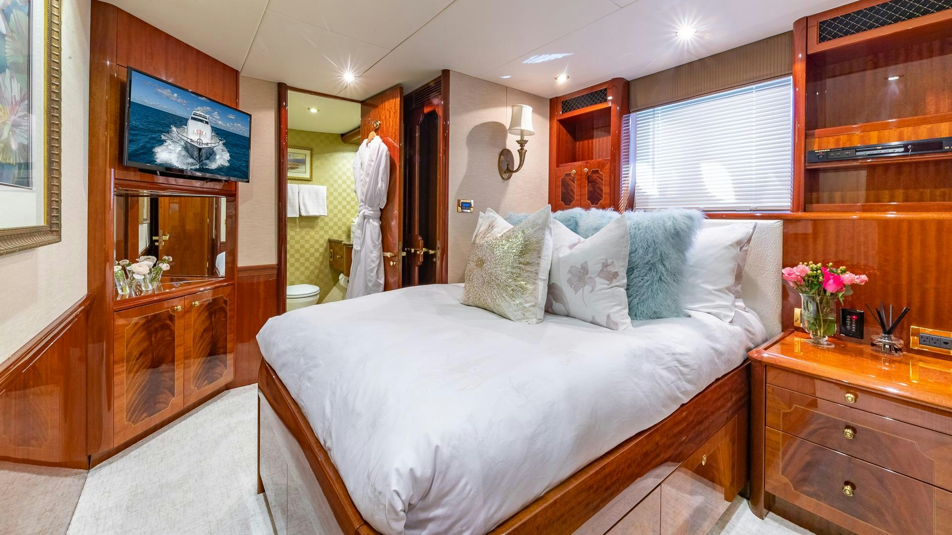 a bed in a room aboard HOPE FLOATS Yacht for Sale