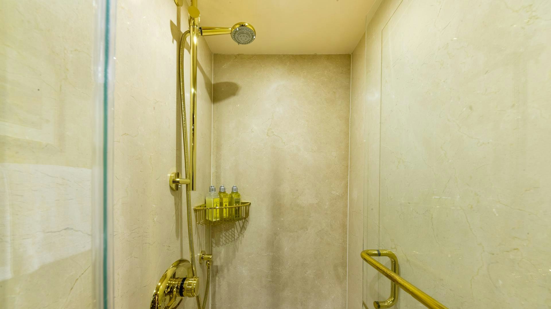 a bathroom with a shower aboard HOPE FLOATS Yacht for Sale
