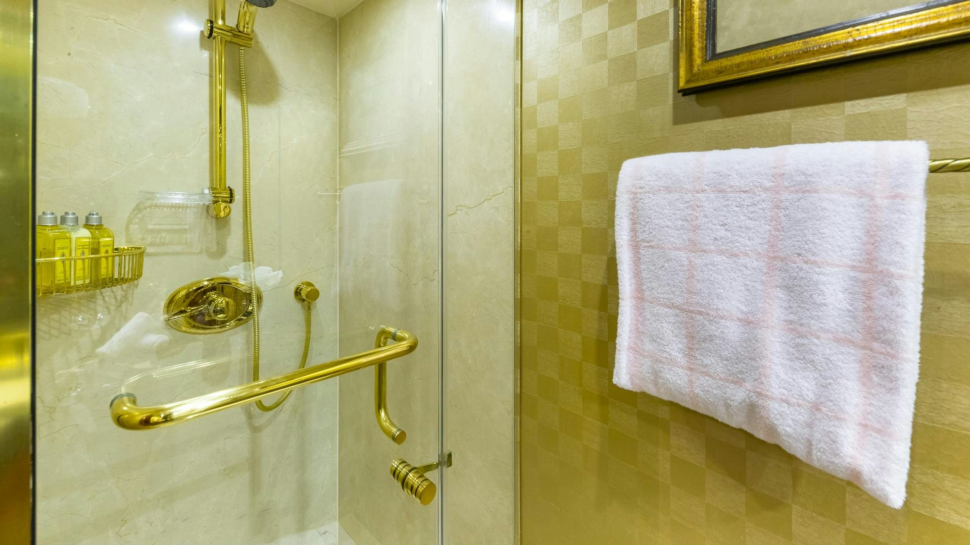 a bathroom with a pink towel aboard HOPE FLOATS Yacht for Sale