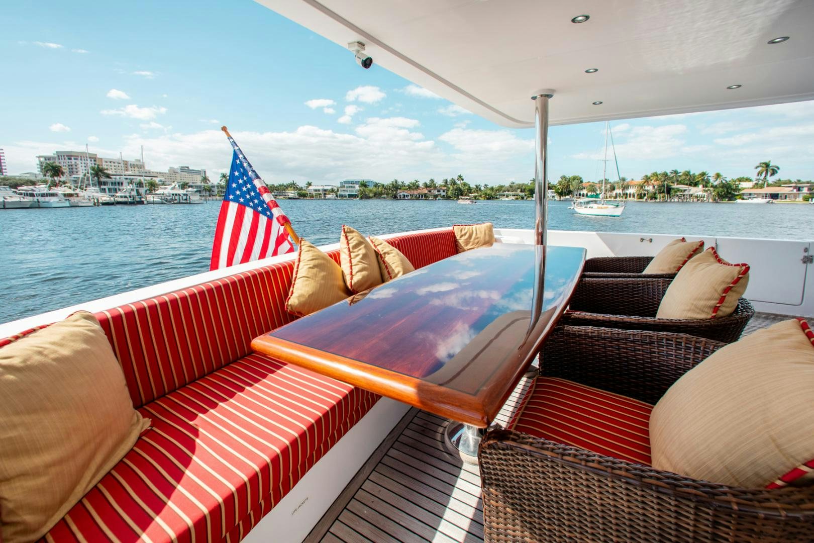 a boat with a flag on the front aboard BOXES II Yacht for Sale