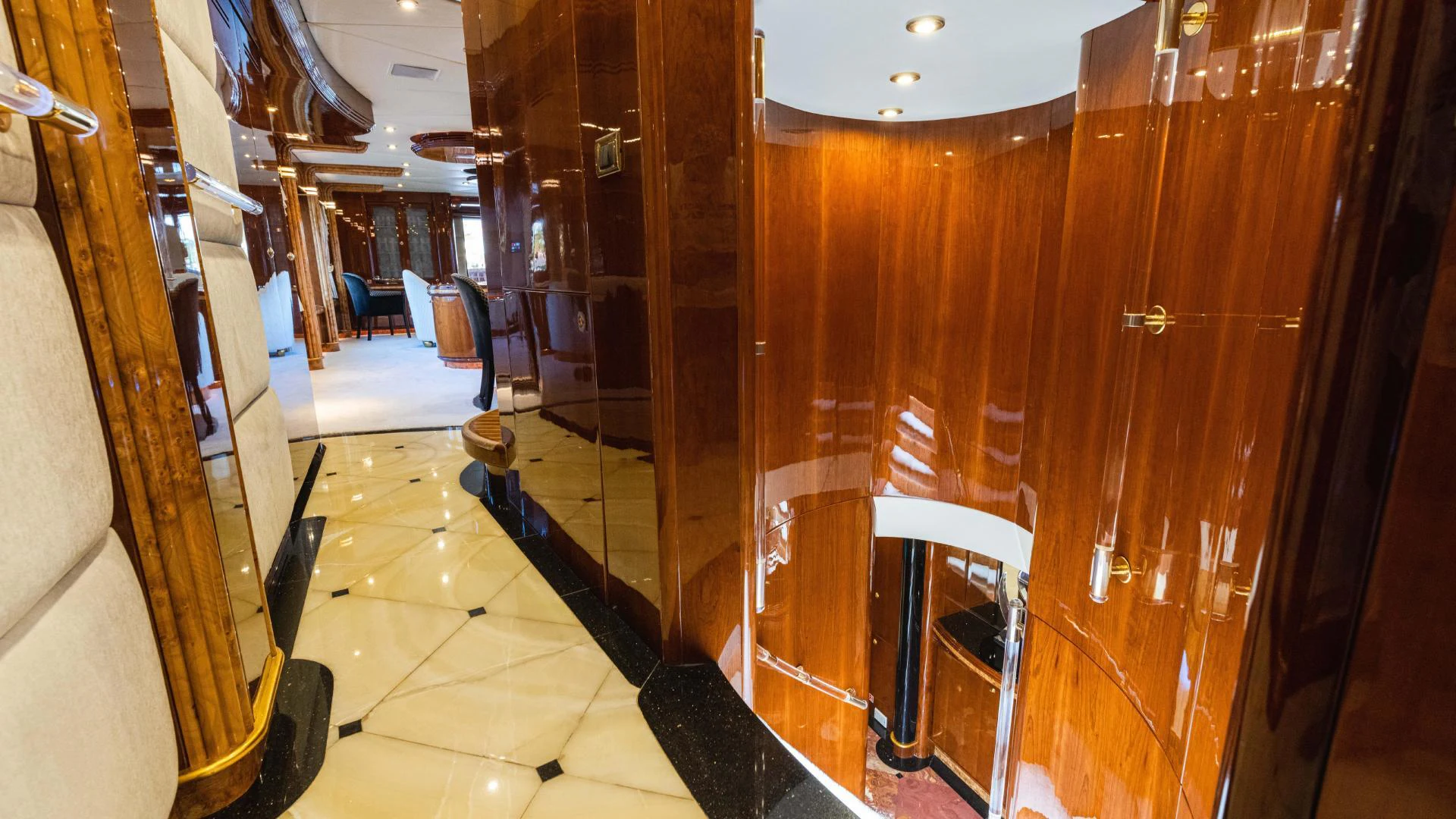 a room with wooden walls aboard ARTHUR’S WAY Yacht for Sale