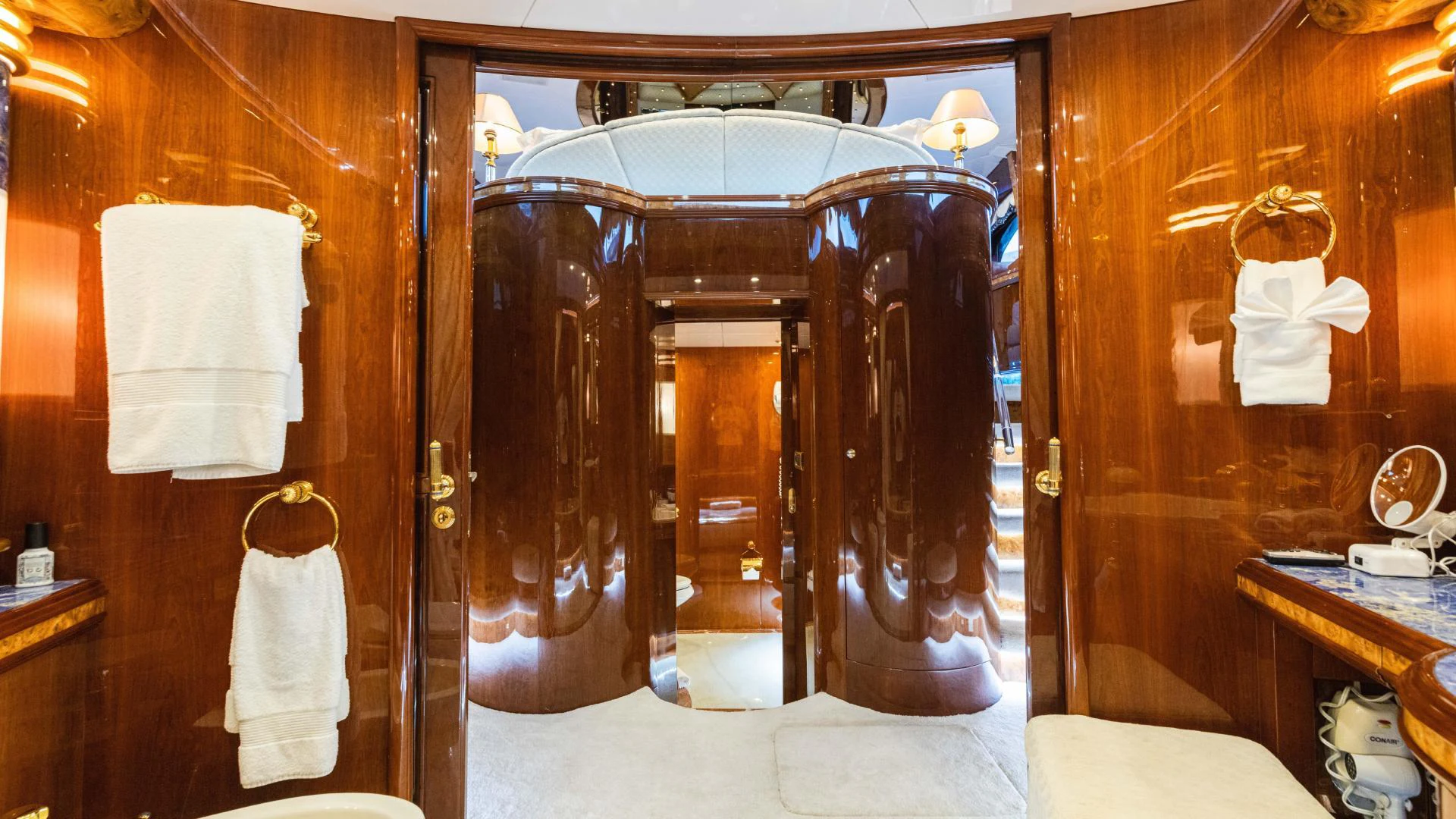 a large black coat rack aboard ARTHUR’S WAY Yacht for Sale