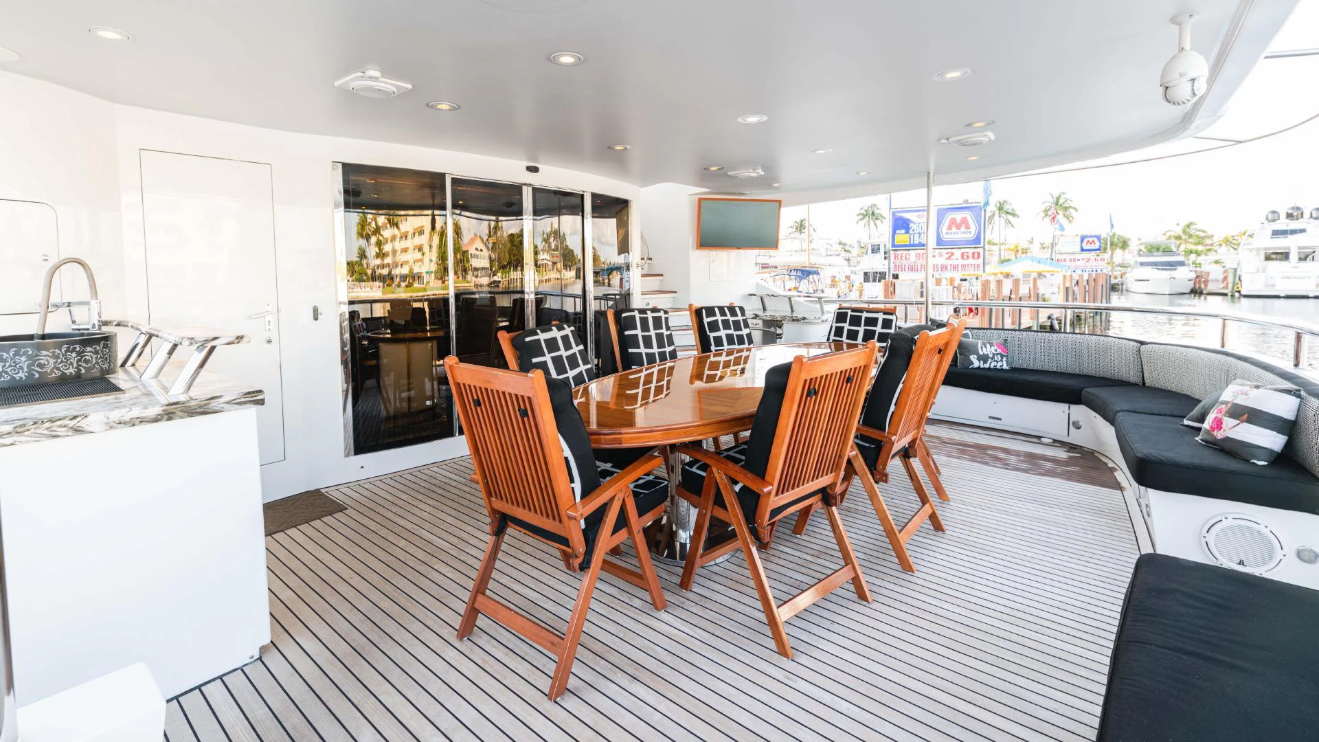 a large kitchen and dining room aboard ARTHUR’S WAY Yacht for Sale