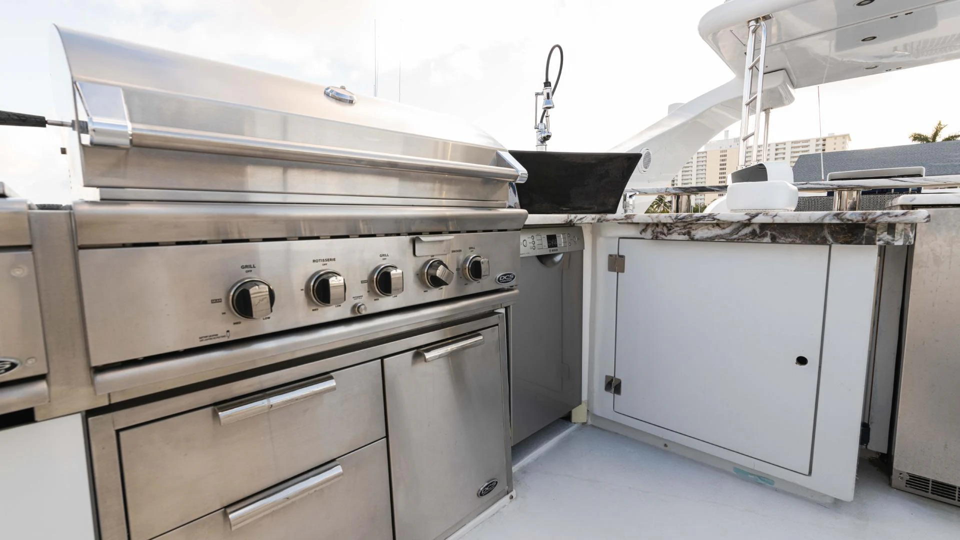 a kitchen with stainless steel appliances aboard ARTHUR’S WAY Yacht for Sale