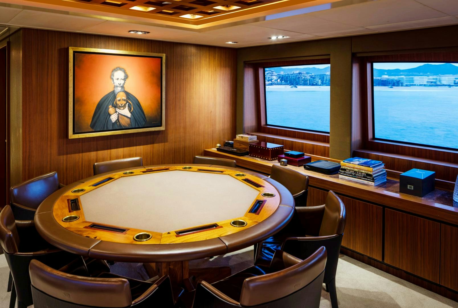 a room with a table and chairs aboard CHAMPAGNE SEAS Yacht for Sale