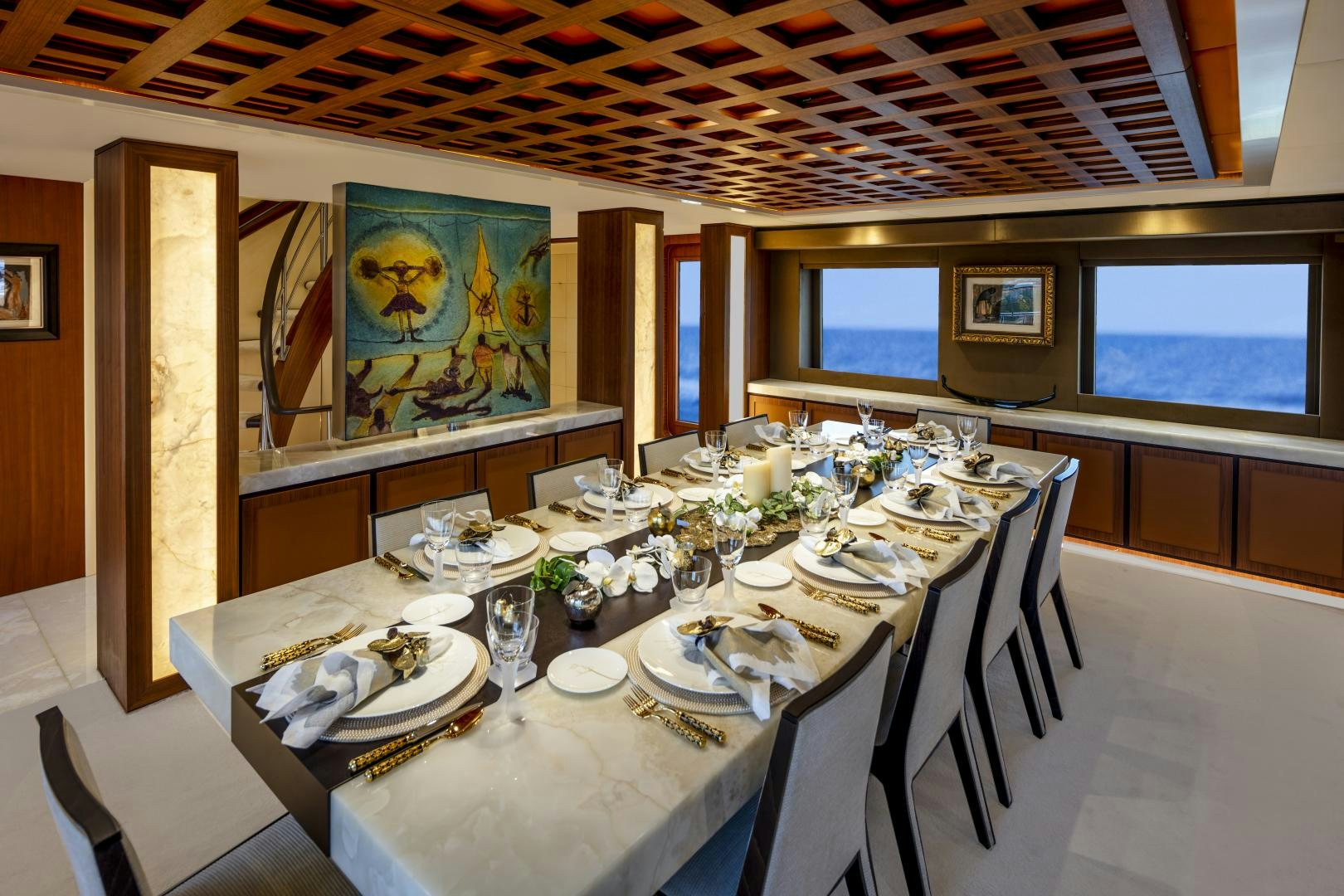 a table set for a dinner aboard CHAMPAGNE SEAS Yacht for Sale