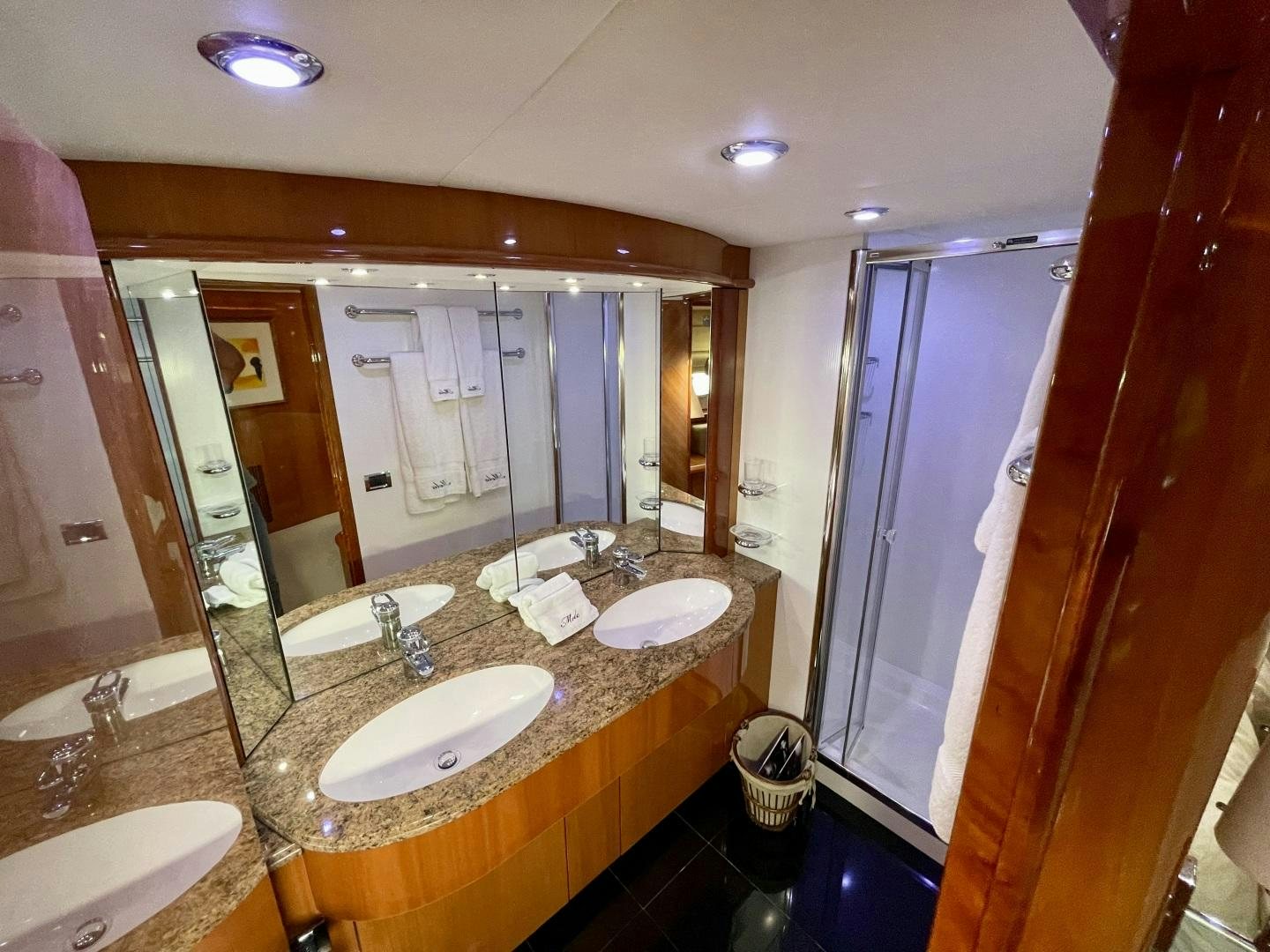 a bathroom with a large countertop aboard BELLA Yacht for Sale