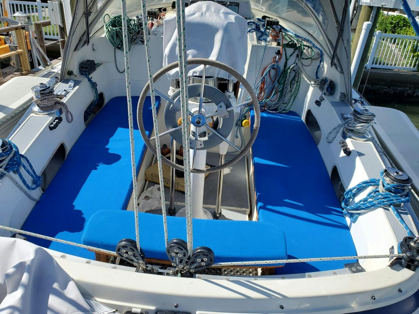 a close-up of a blue boat aboard VICTORNOMI Yacht for Sale