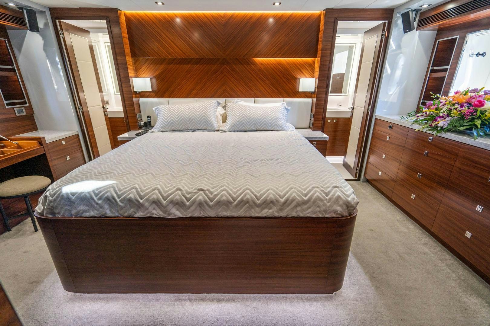 a bed in a room aboard LIFE Yacht for Sale