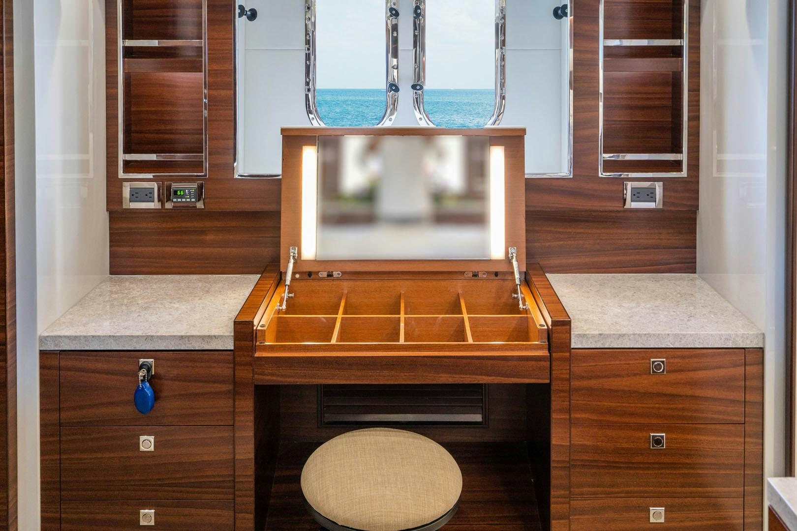 a bathroom with a large mirror aboard LIFE Yacht for Sale