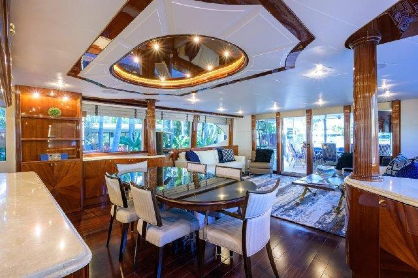a large dining room with a large open floor plan aboard TRYST Yacht for Sale