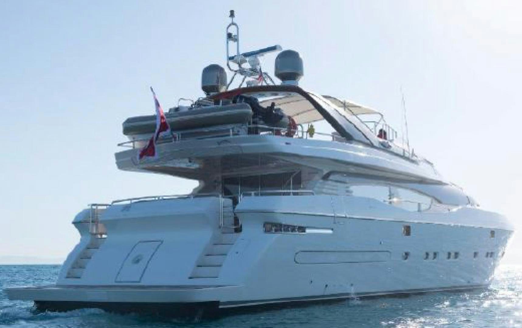 a large white boat with a drone on top of it aboard ALBATOR 2 Yacht for Sale