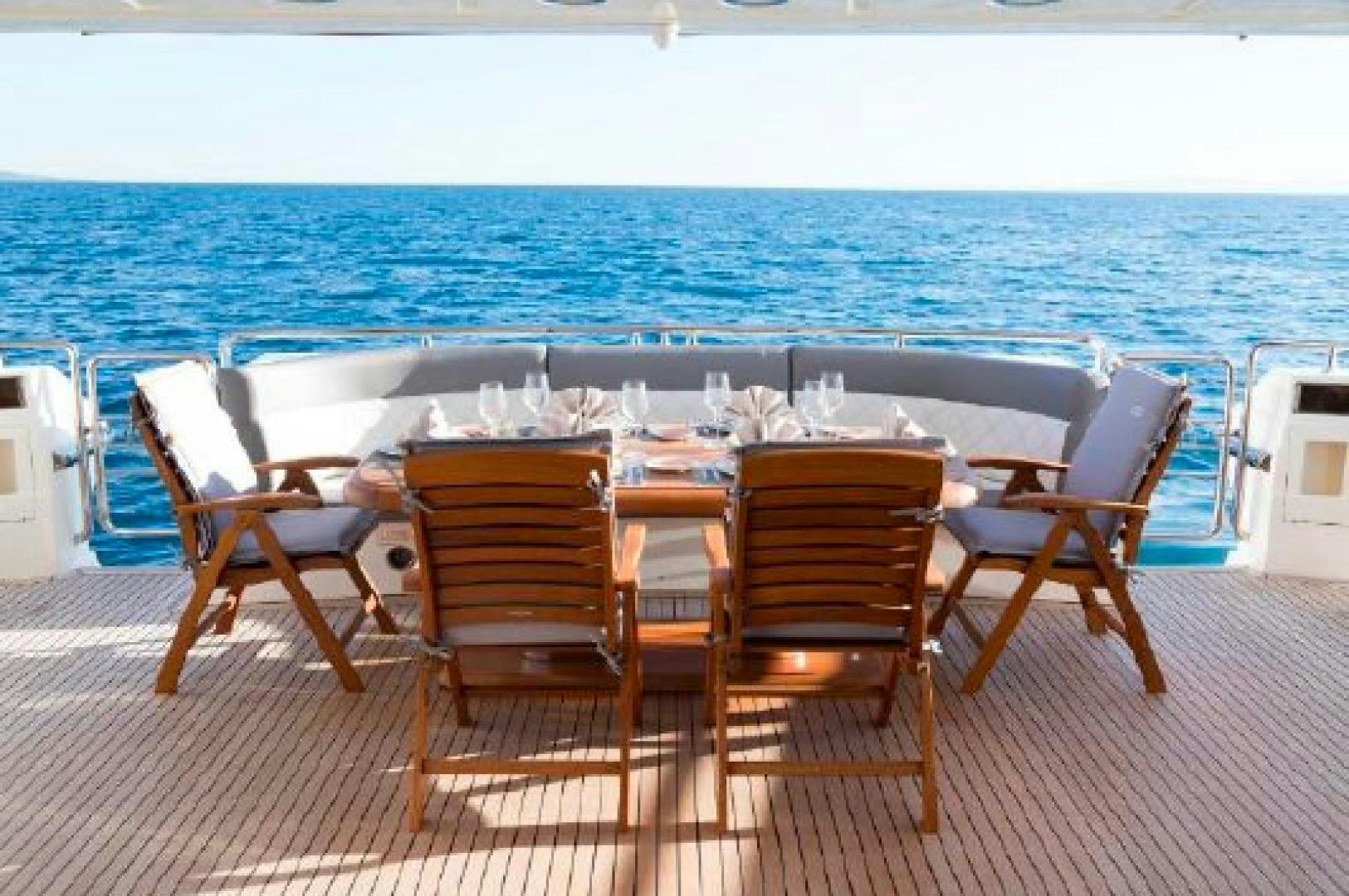 a table set up on a deck overlooking the ocean aboard ALBATOR 2 Yacht for Sale