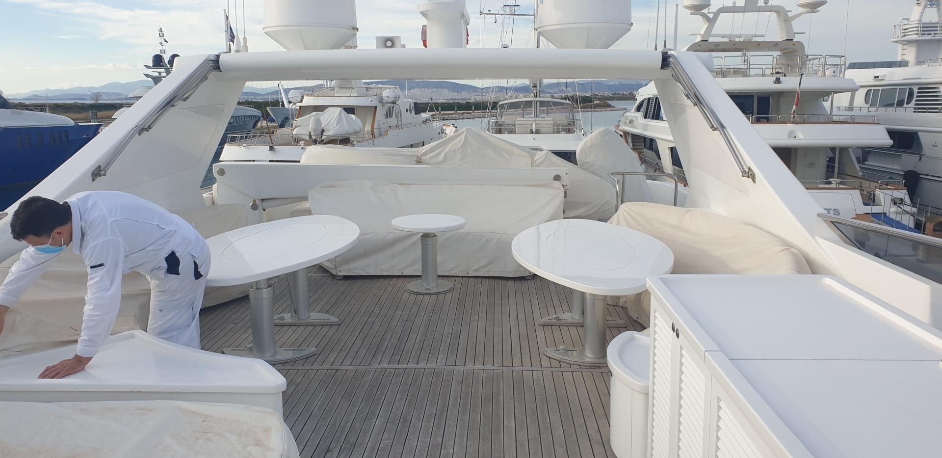 a person in white clothes on a deck of a boat aboard TIGRA Yacht for Sale