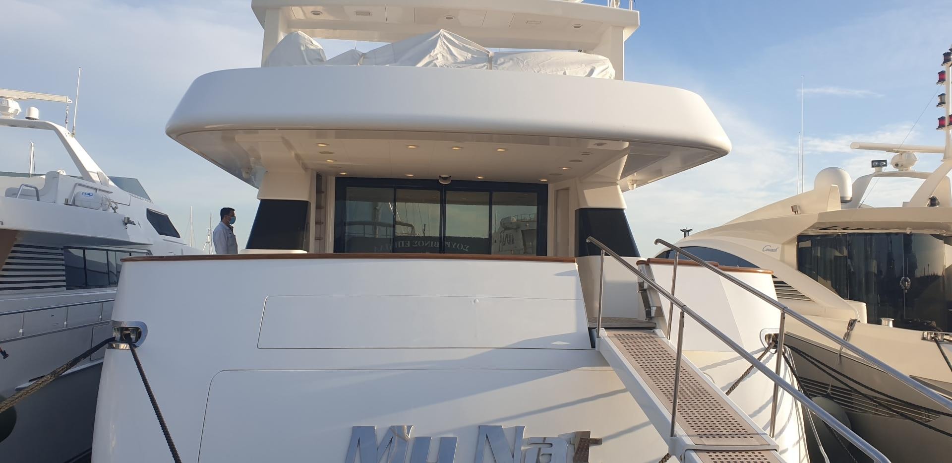 a person standing on a balcony of a boat aboard TIGRA Yacht for Sale