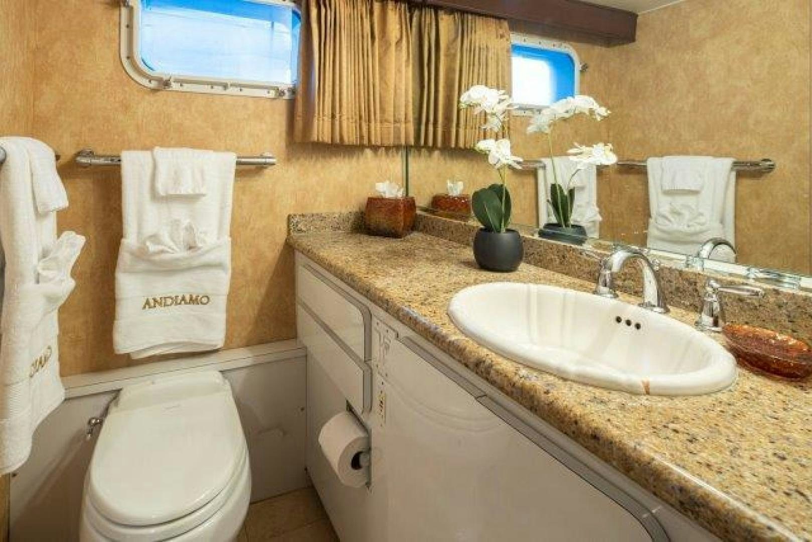 a bathroom with a sink and toilet aboard ANDIAMO Yacht for Sale